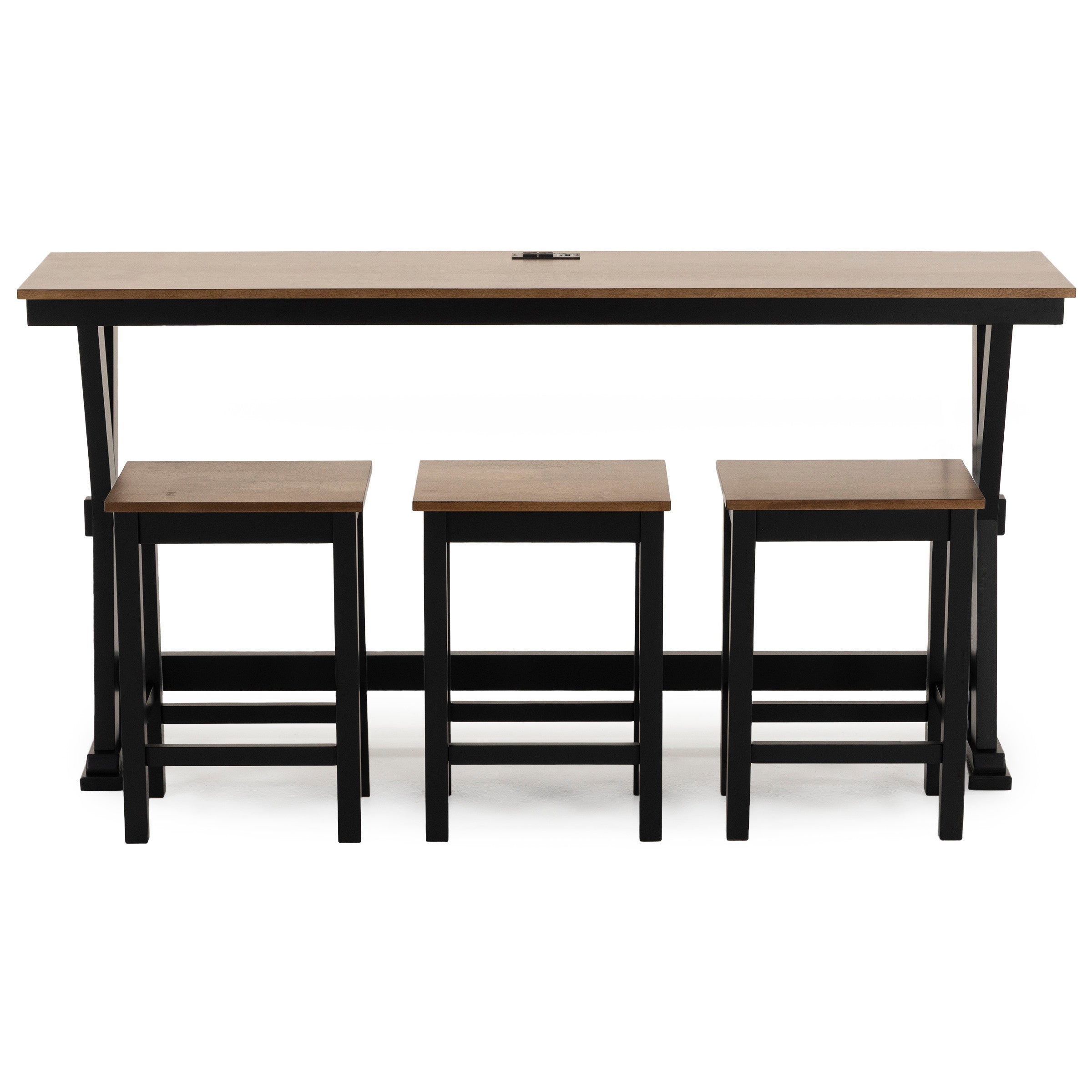 Counter height table set with three matching stools, wood top and black base.