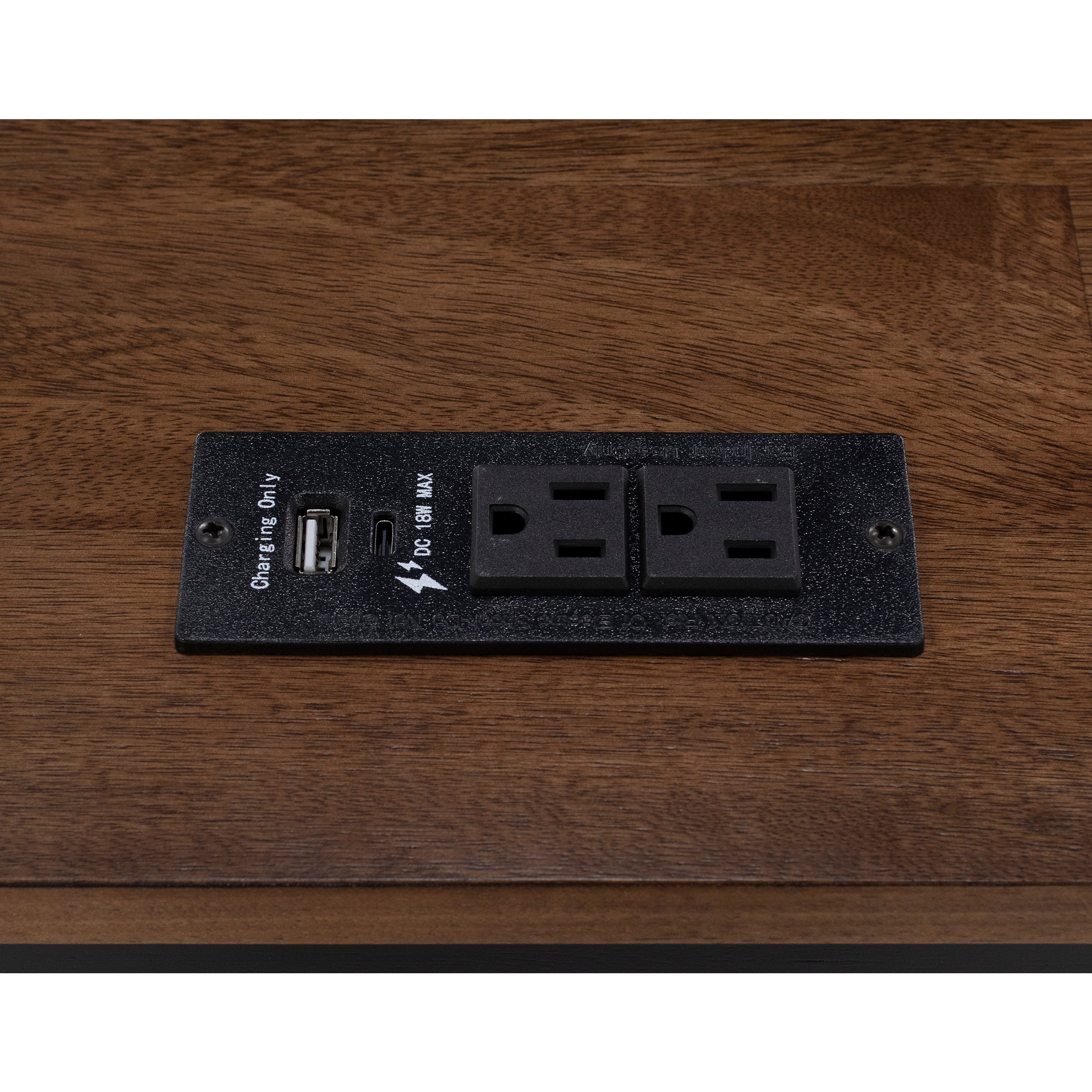 Power outlet panel with two USB ports and two AC outlets on a wood surface.