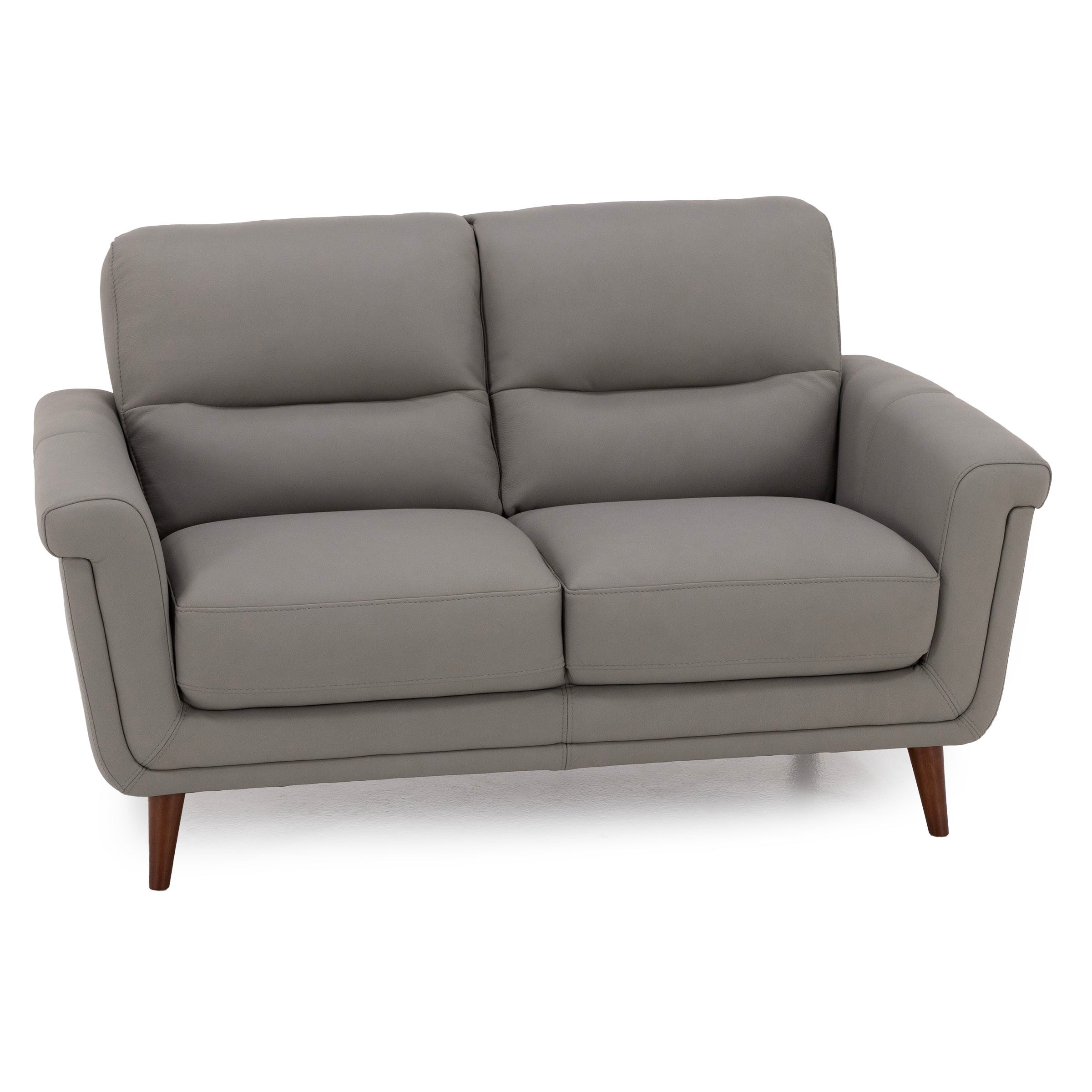 Gray two-seat sofa with padded arms and wooden legs.