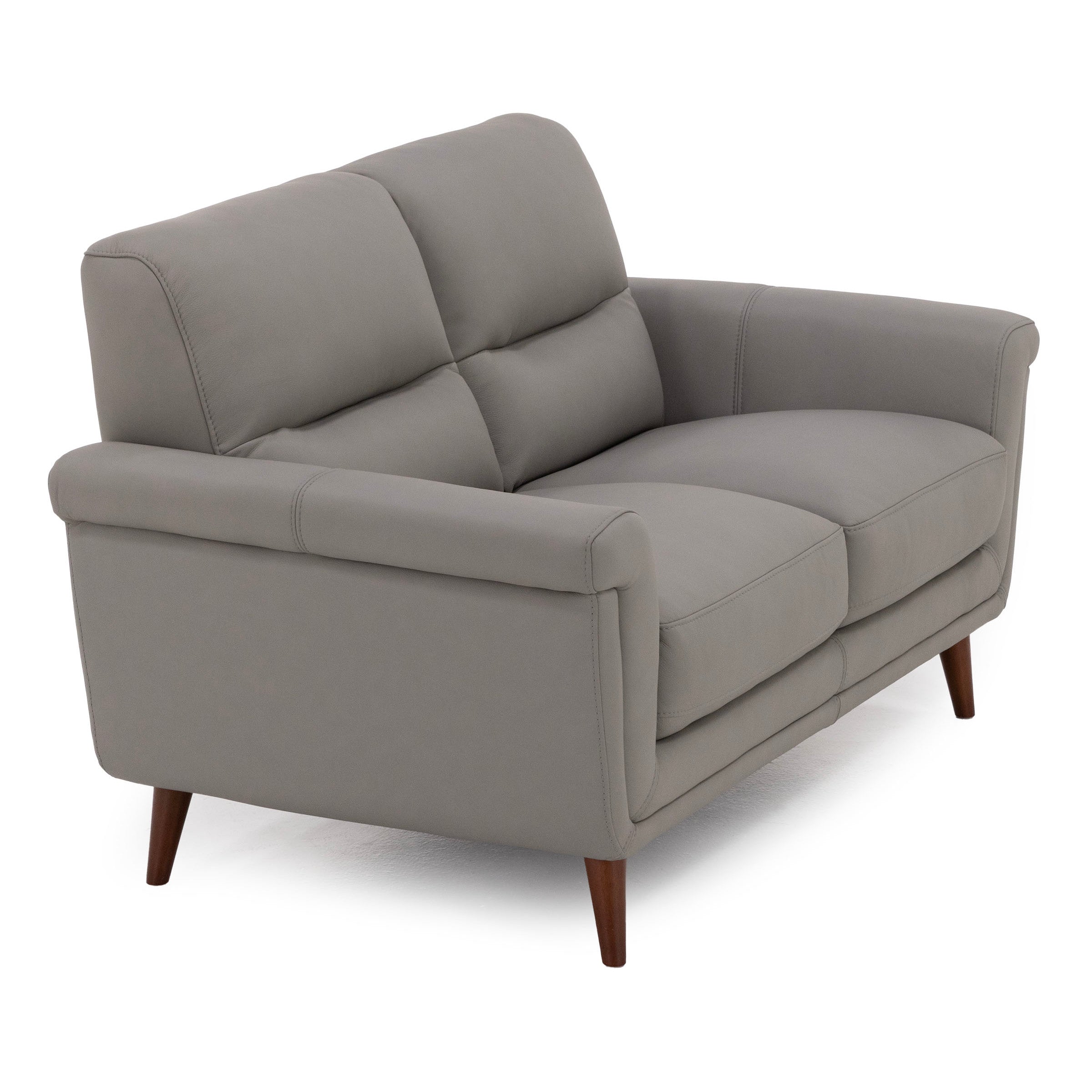 Modern gray loveseat sofa with cushioned seats and wooden legs.