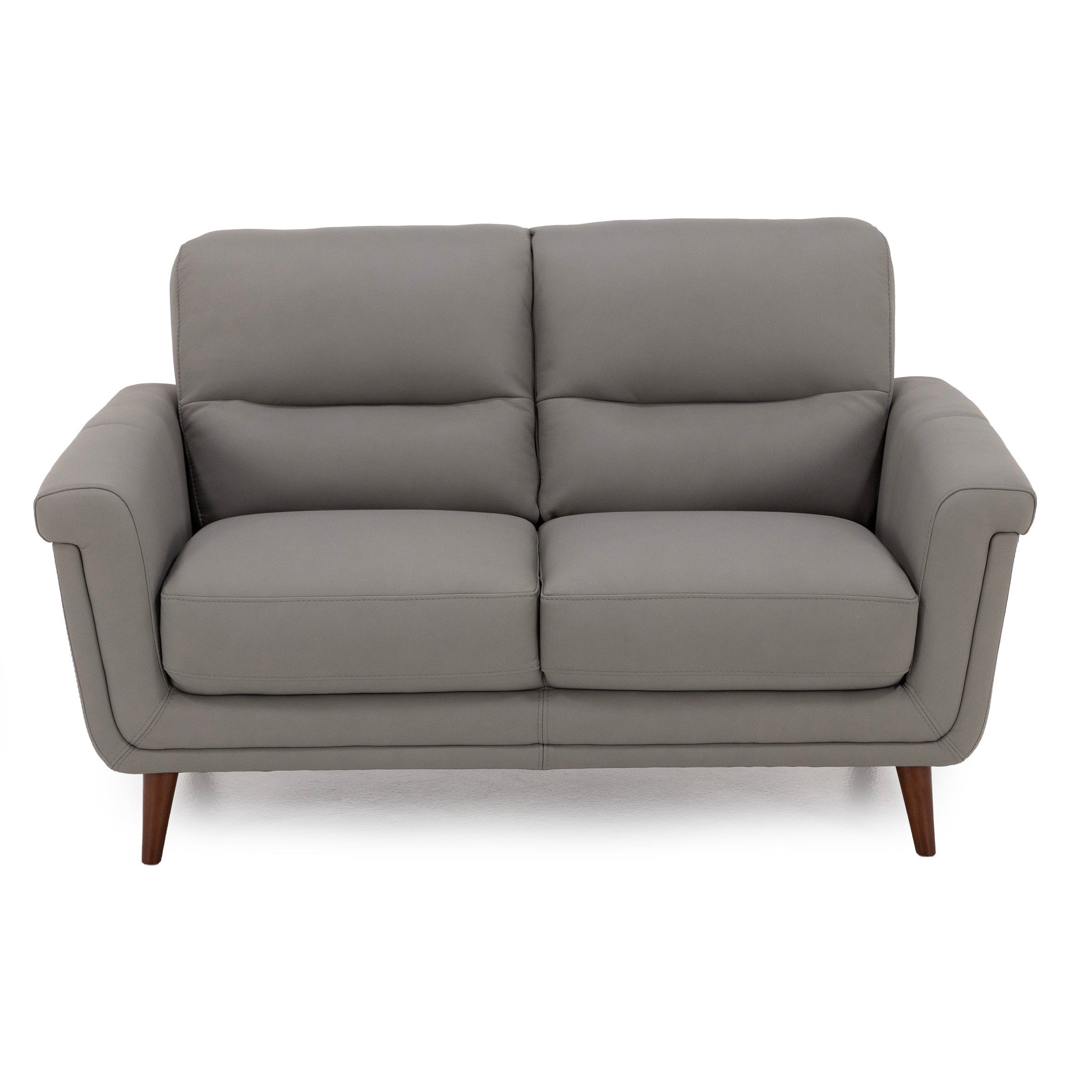 Gray mid-century modern sofa with padded arms and wooden legs, shown from the front.
