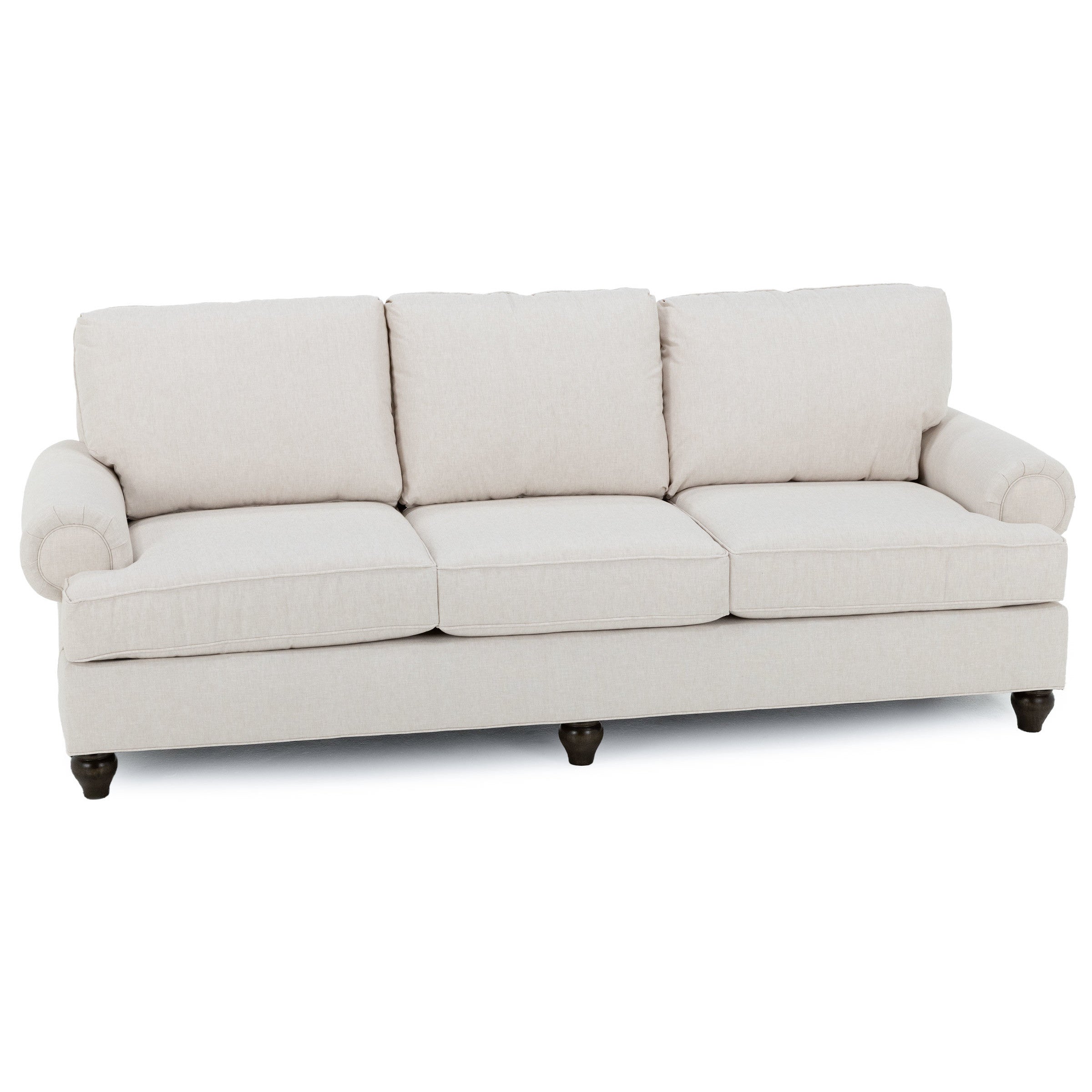 Light beige three-seat sofa with rolled arms and dark wood legs.