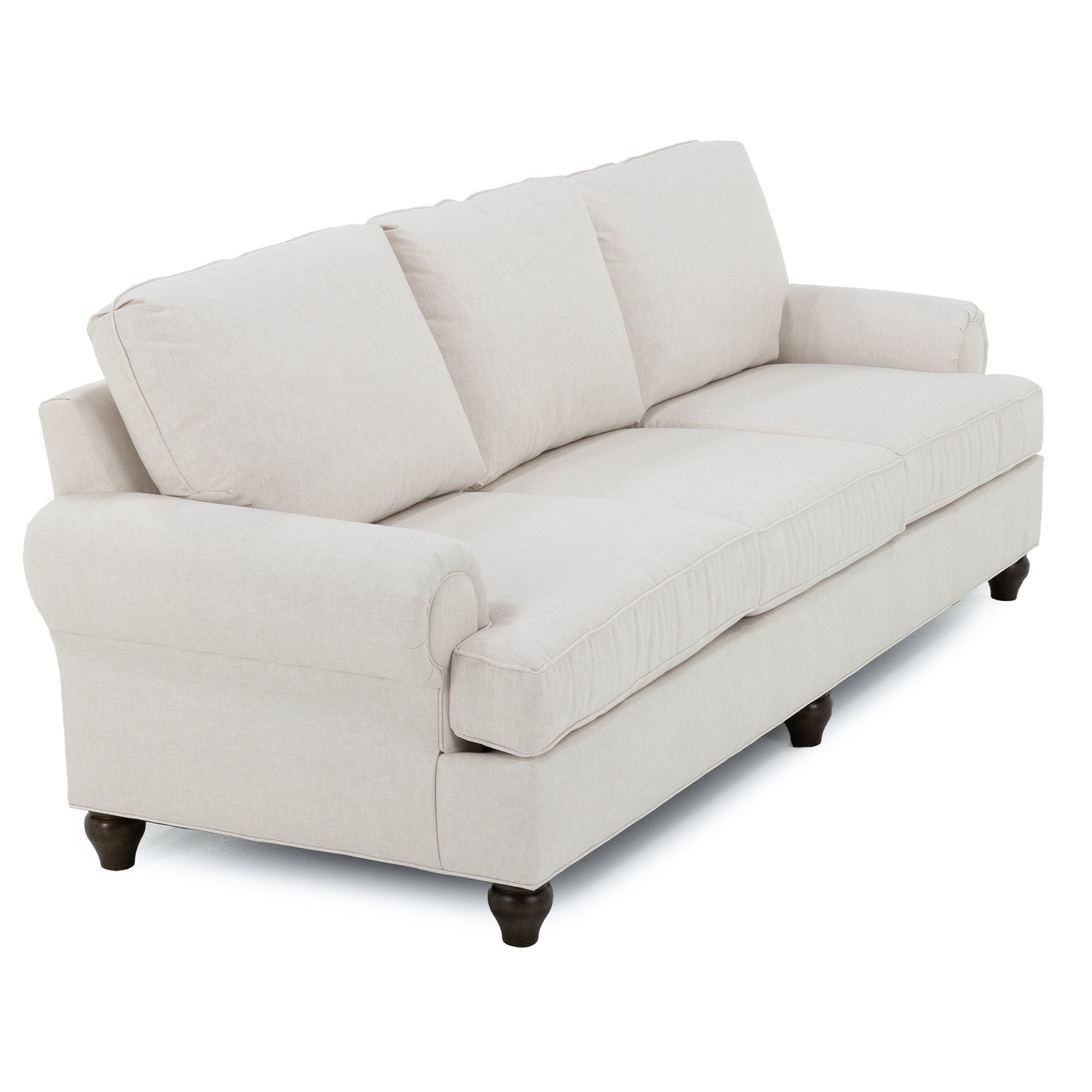 Beige three-seat sofa with rolled arms and wooden legs.