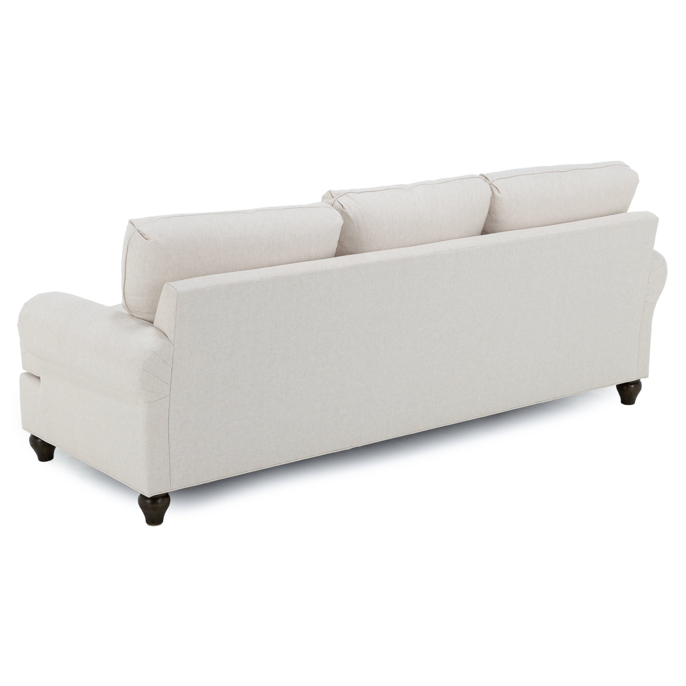 Back view of a light beige sofa with three cushions and dark wooden legs.