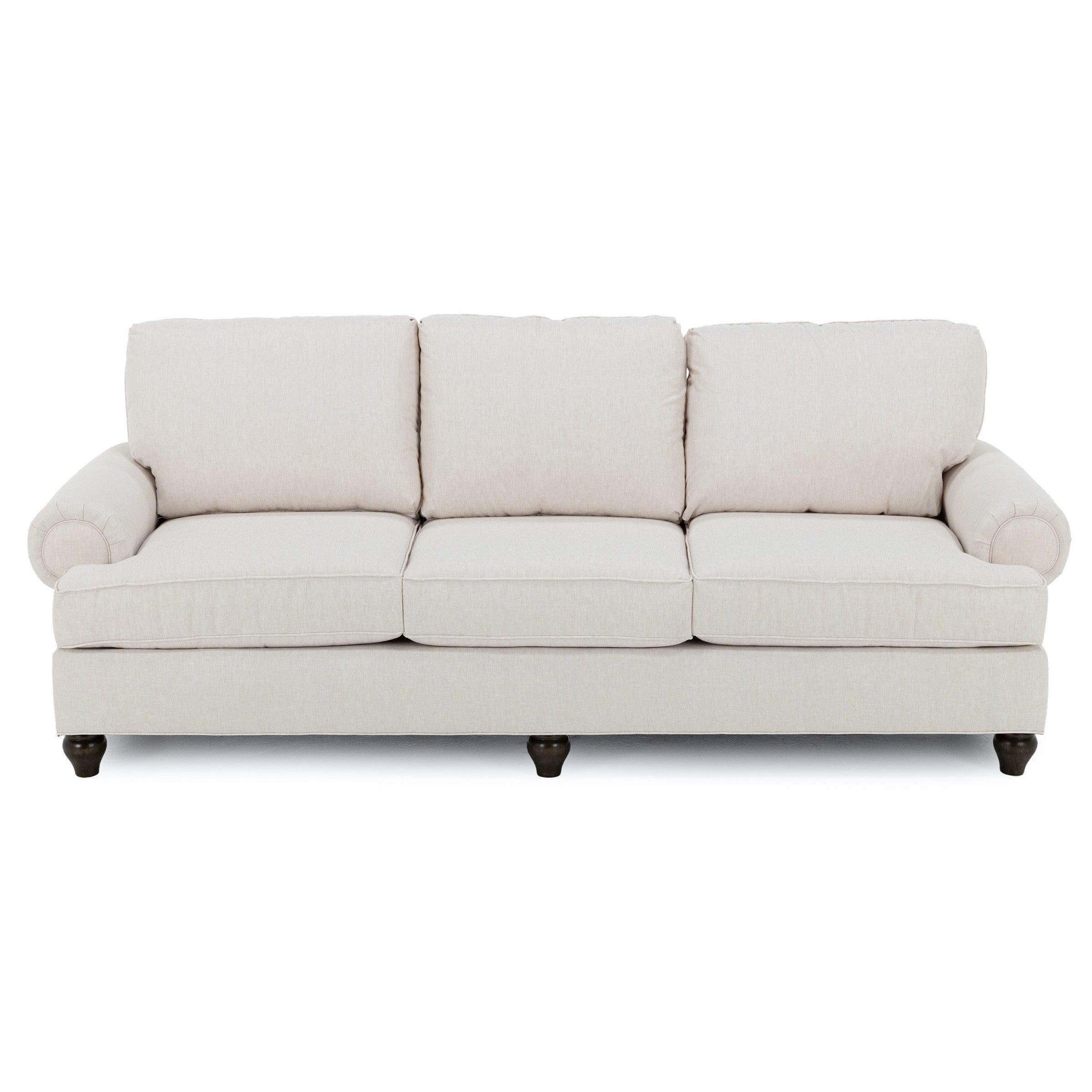 Beige three-cushion sofa with rolled arms and dark wood legs, shown from the front.
