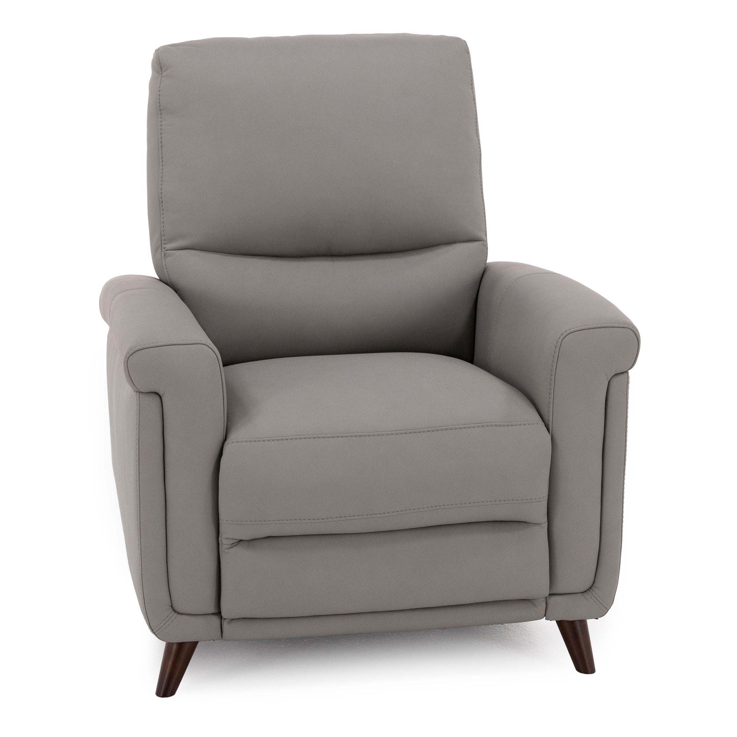 Gray upholstered recliner chair with wooden legs