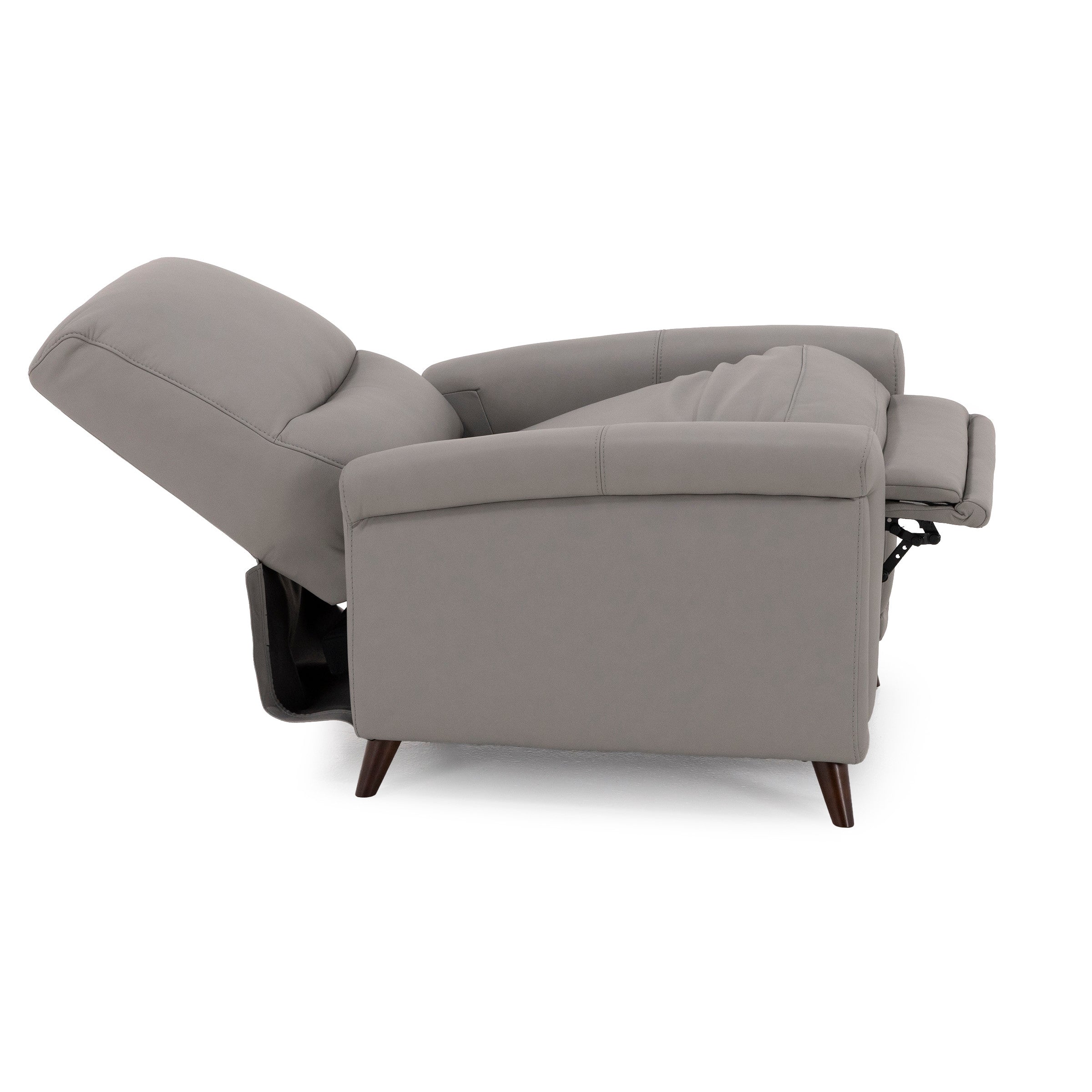 Side view of a gray reclining chair in the open reclined position.