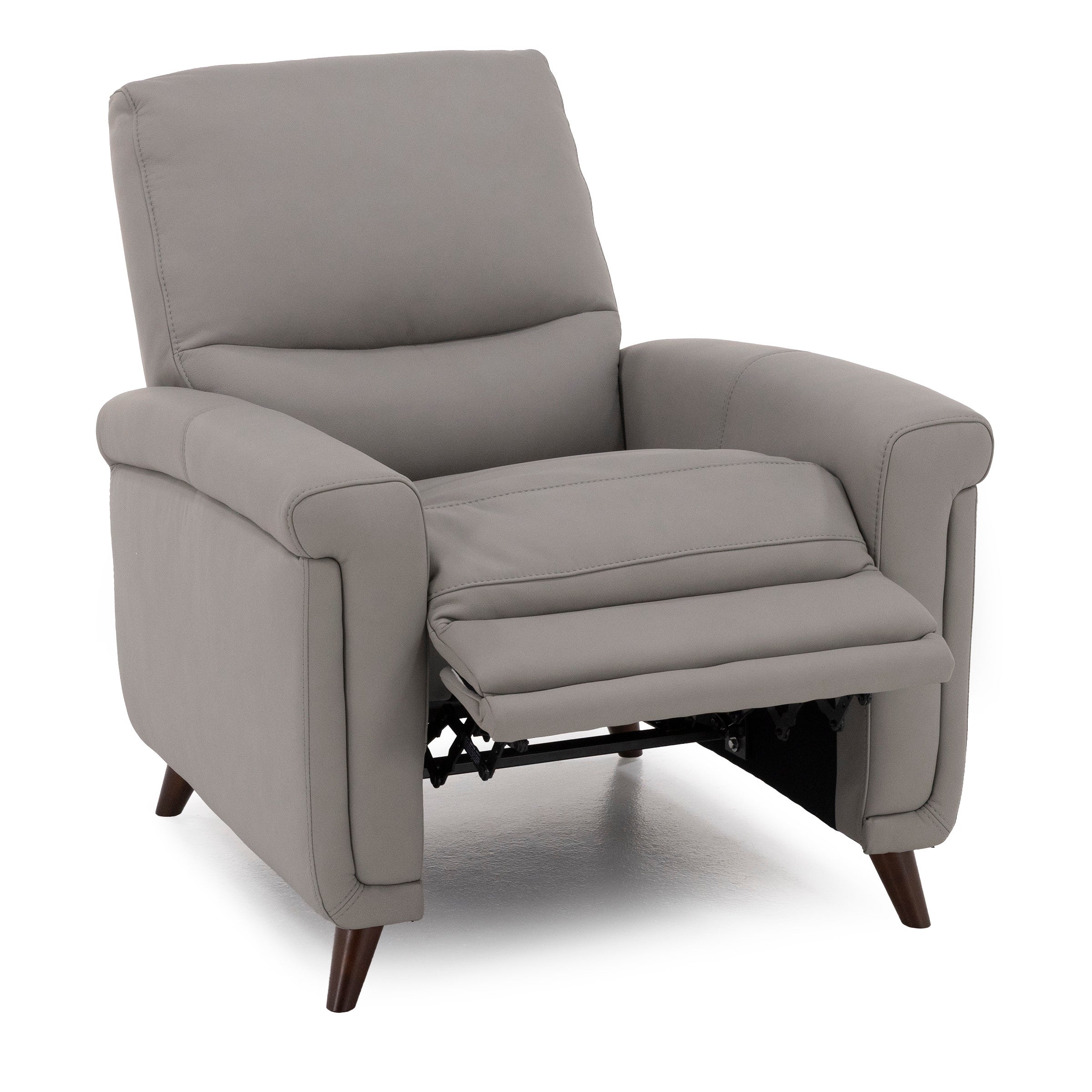 Gray reclining armchair with extended footrest.