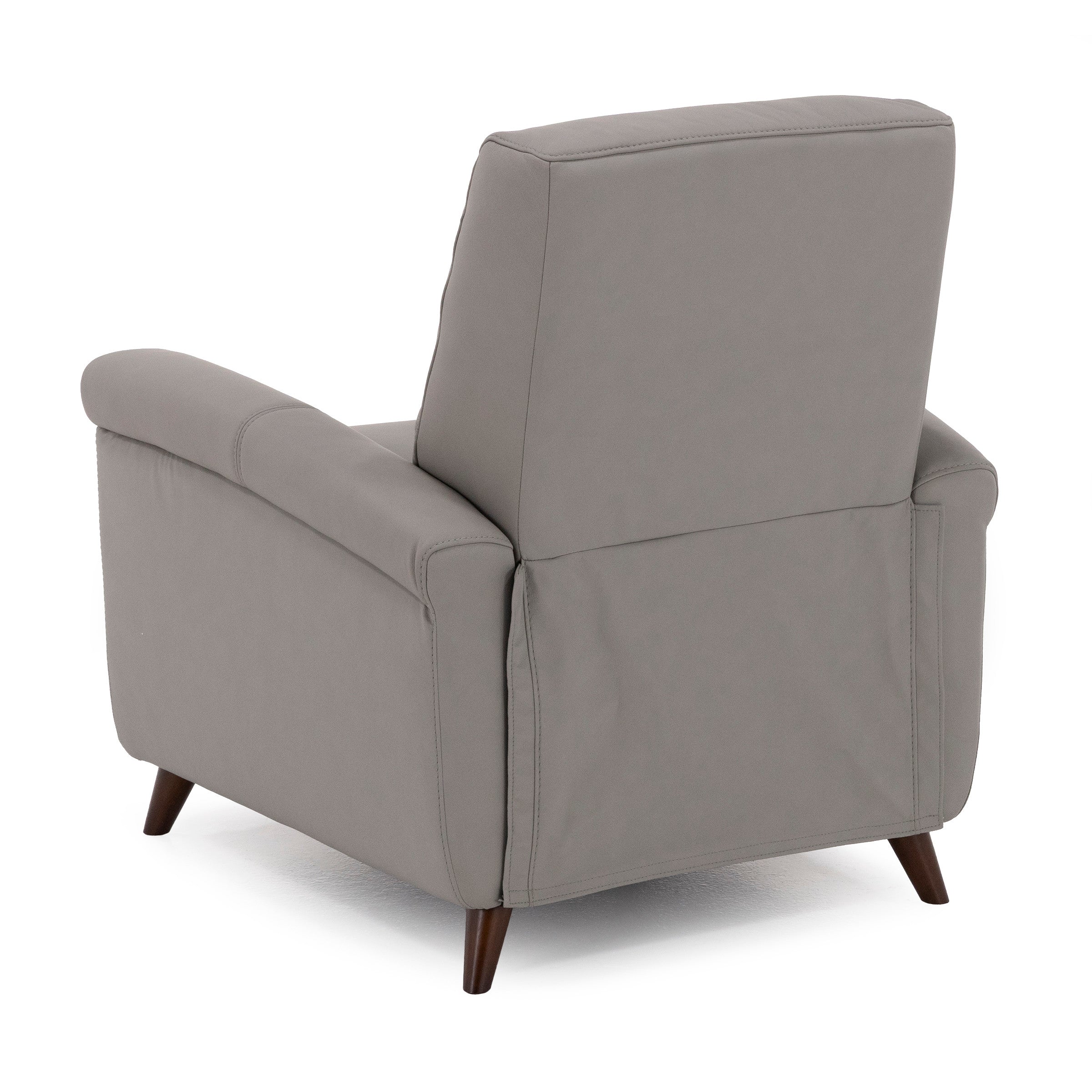 Back view of a modern gray recliner chair with wooden legs.
