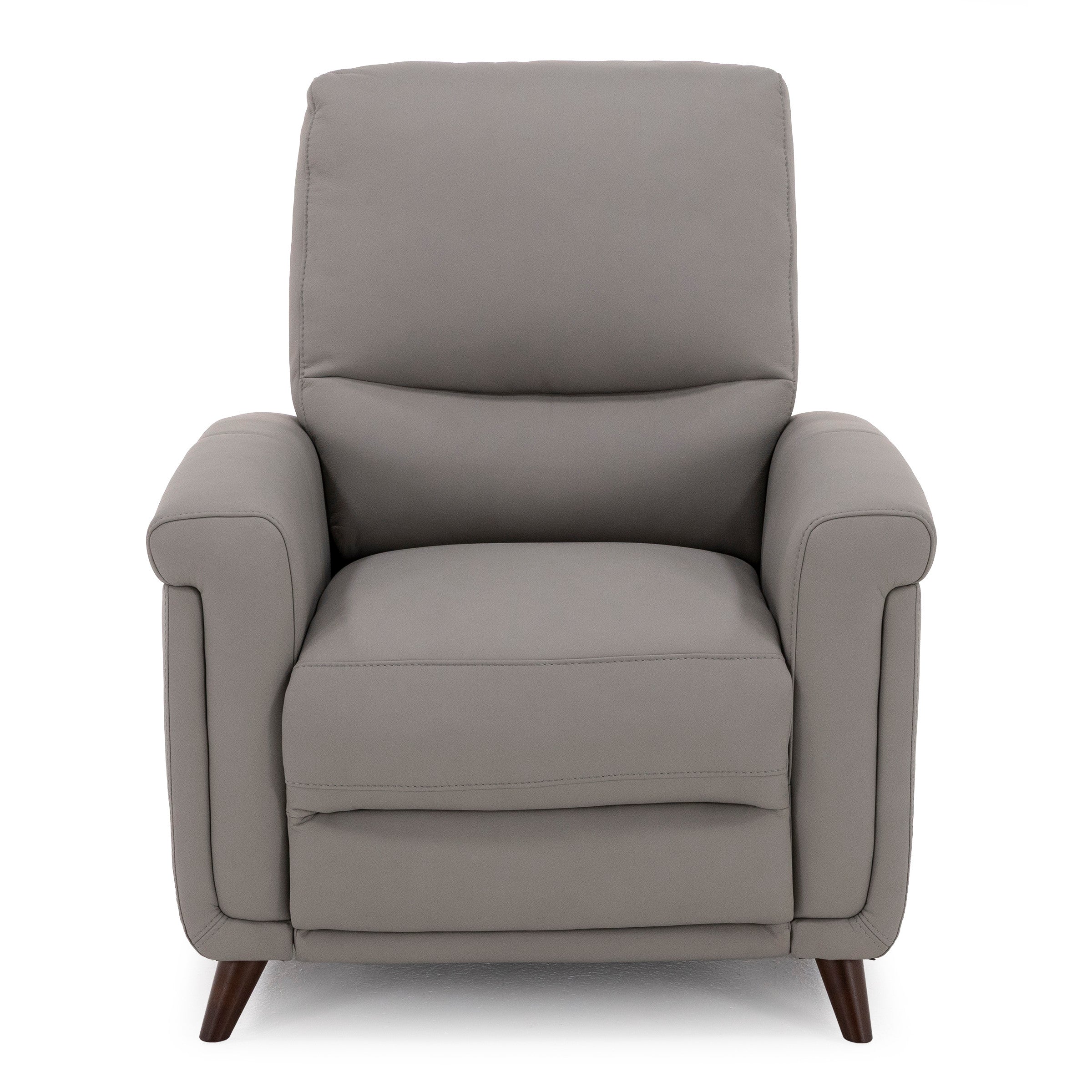 Gray upholstered armchair with padded seat and back, shown from the front.
