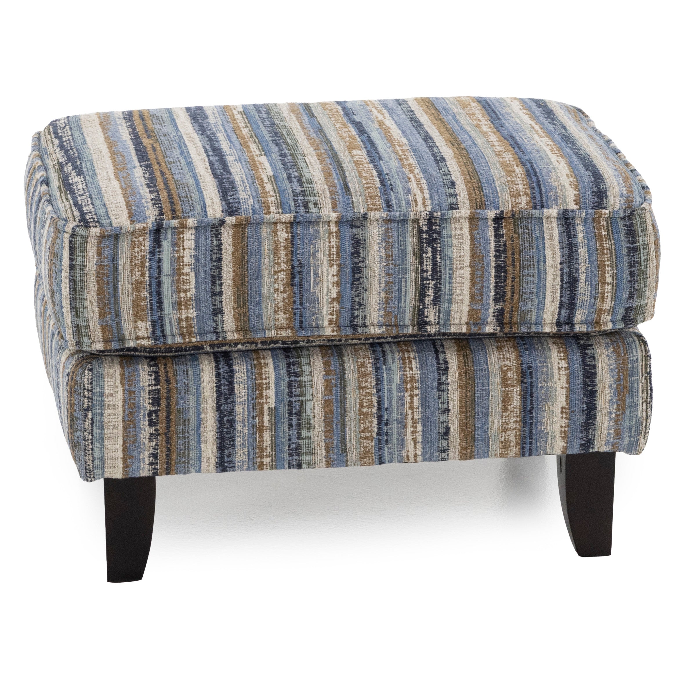 Rectangular ottoman with blue, brown and beige striped upholstery and dark wood legs.