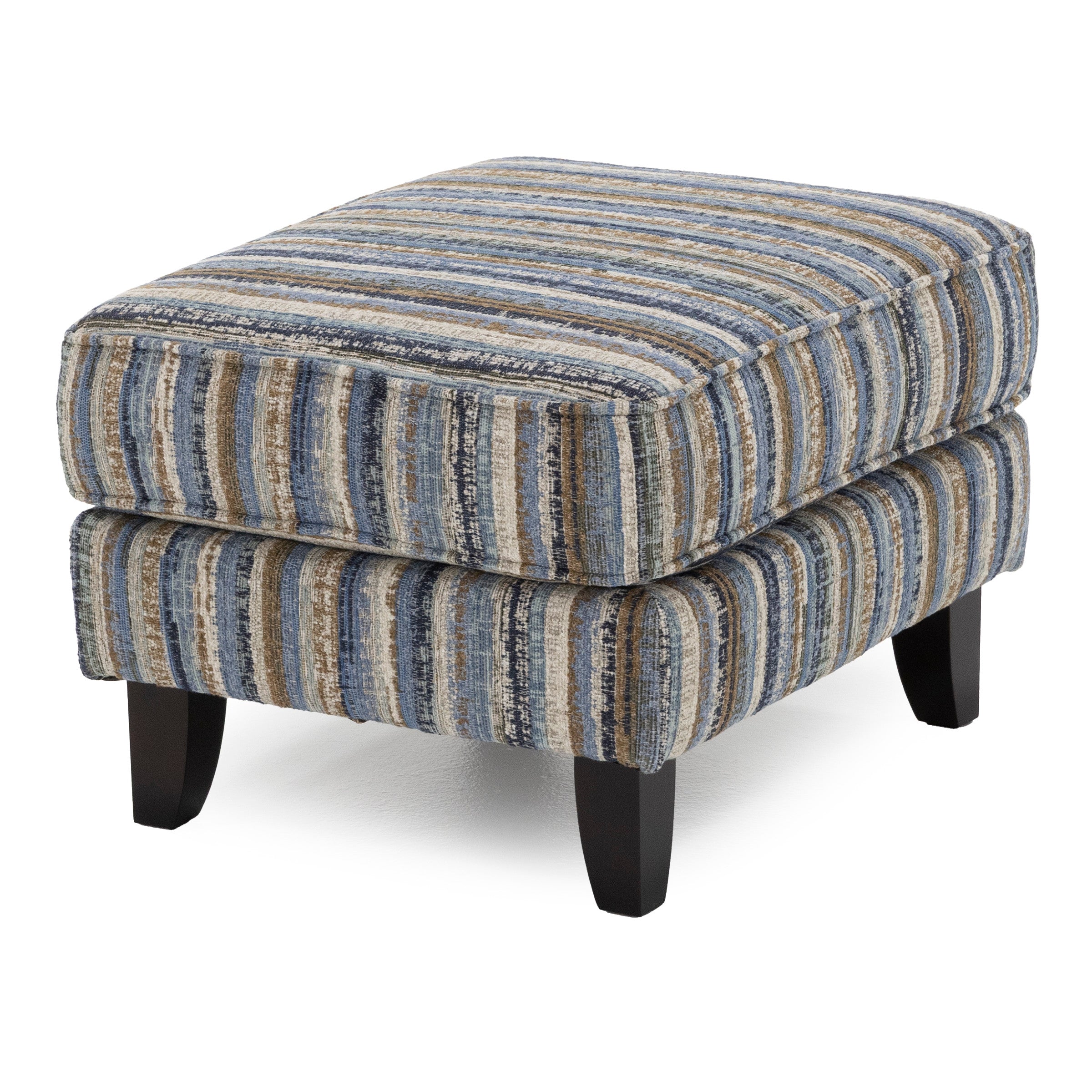 Striped upholstered ottoman with wooden legs, in blue and brown tones.