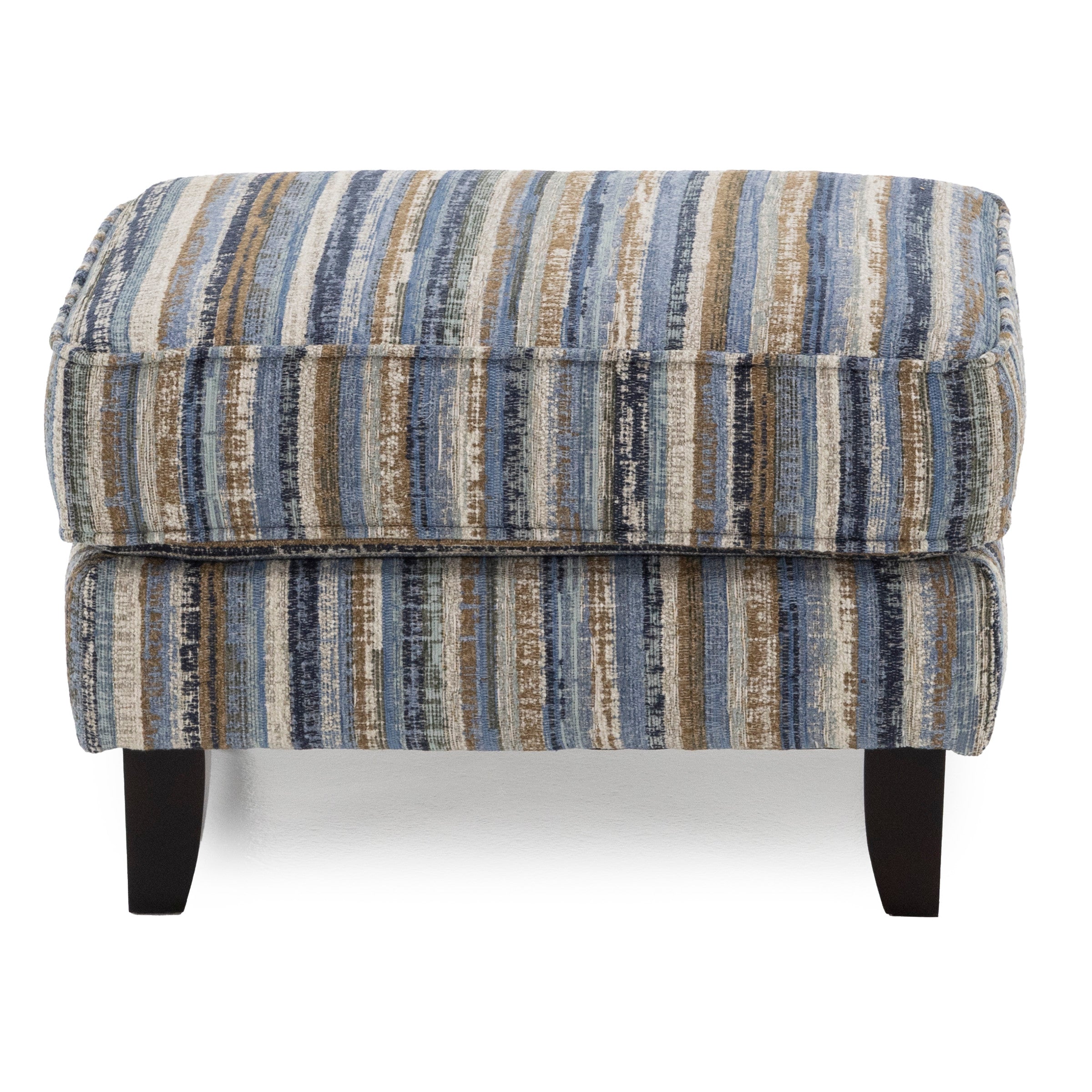 Rectangular ottoman with blue, brown, and beige striped upholstery and dark wooden legs.