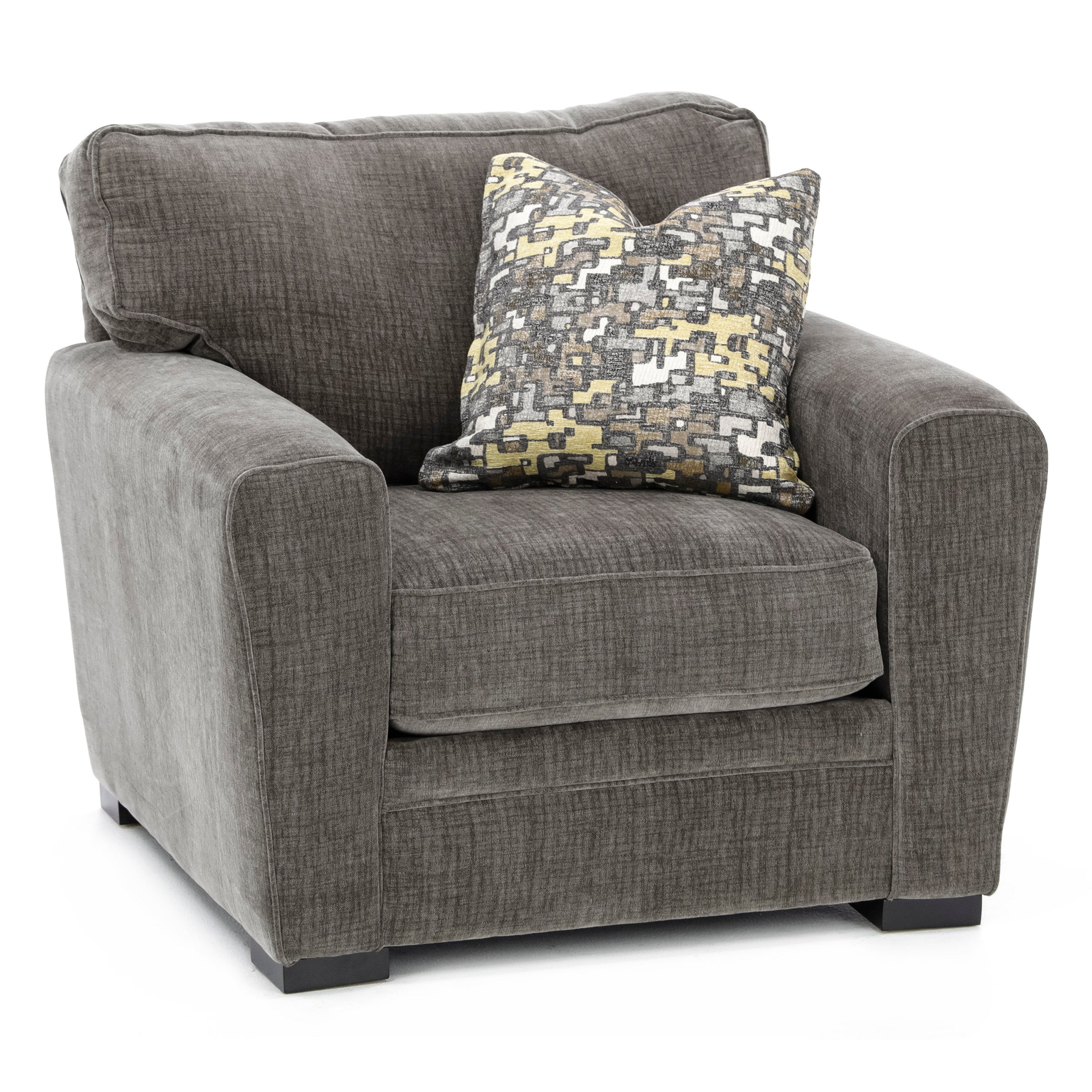 Gray upholstered armchair with a patterned accent pillow.