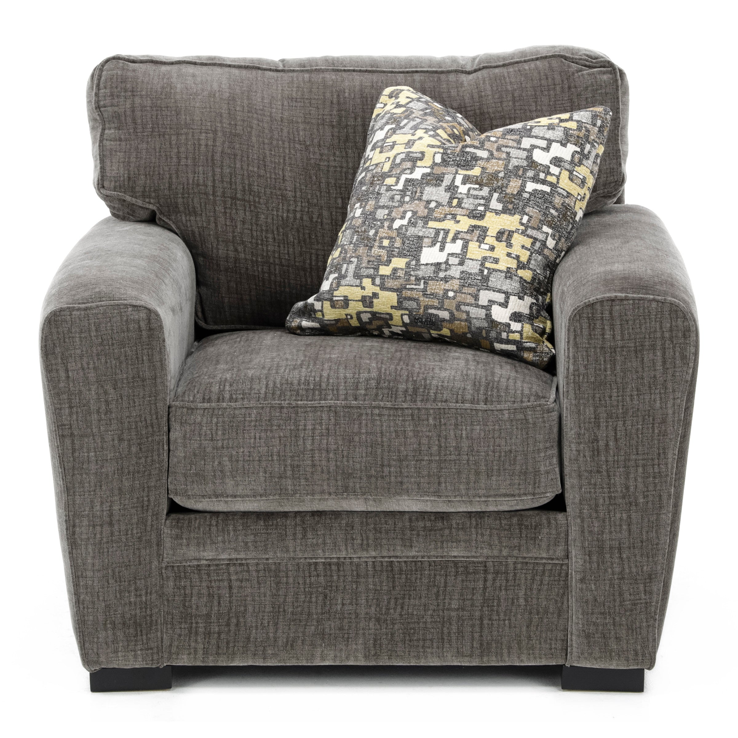 Gray armchair with a patterned pillow placed on the seat.
