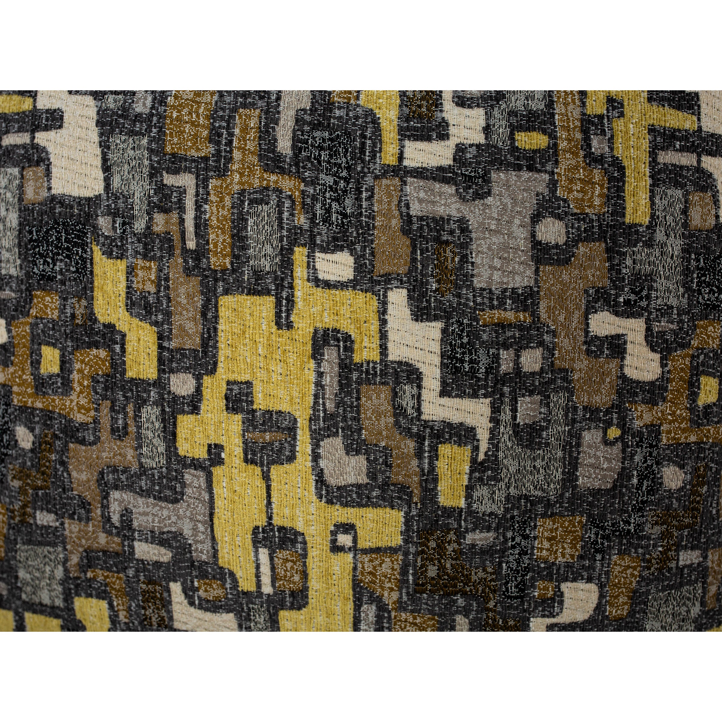 Abstract fabric pattern with yellow, brown, gray, and cream geometric shapes.