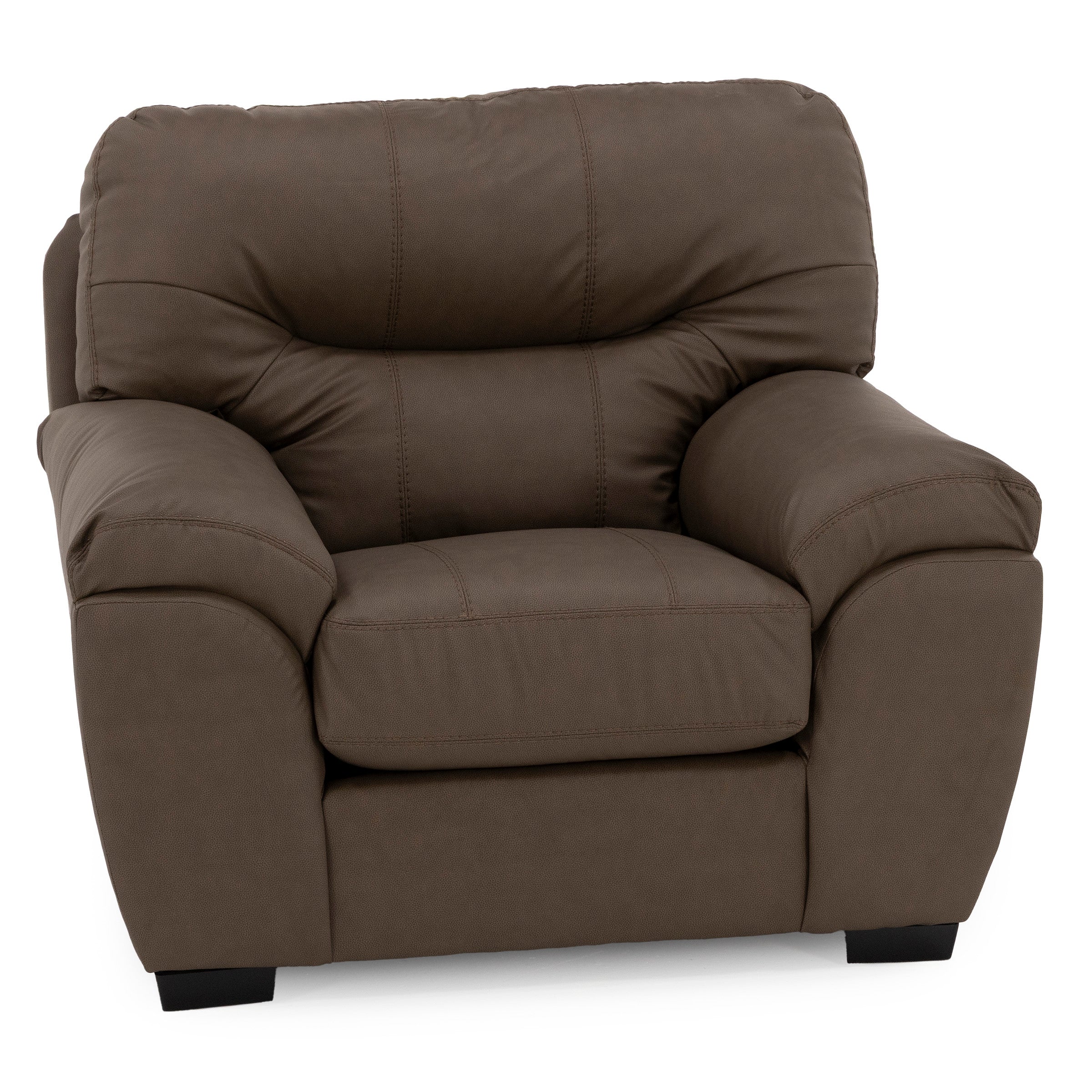 Brown upholstered armchair with plush cushions and wide arms.