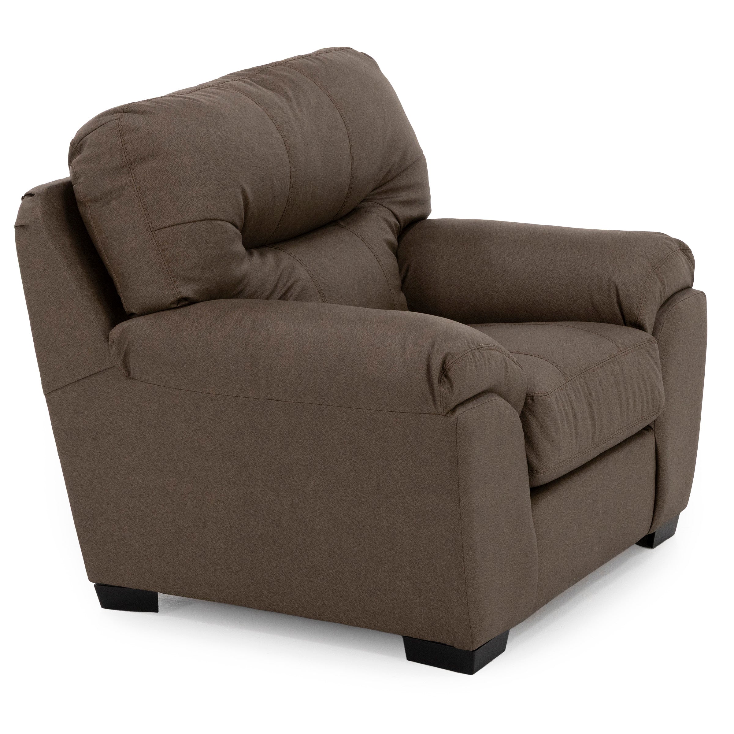Plush brown upholstered armchair with padded arms and backrest.