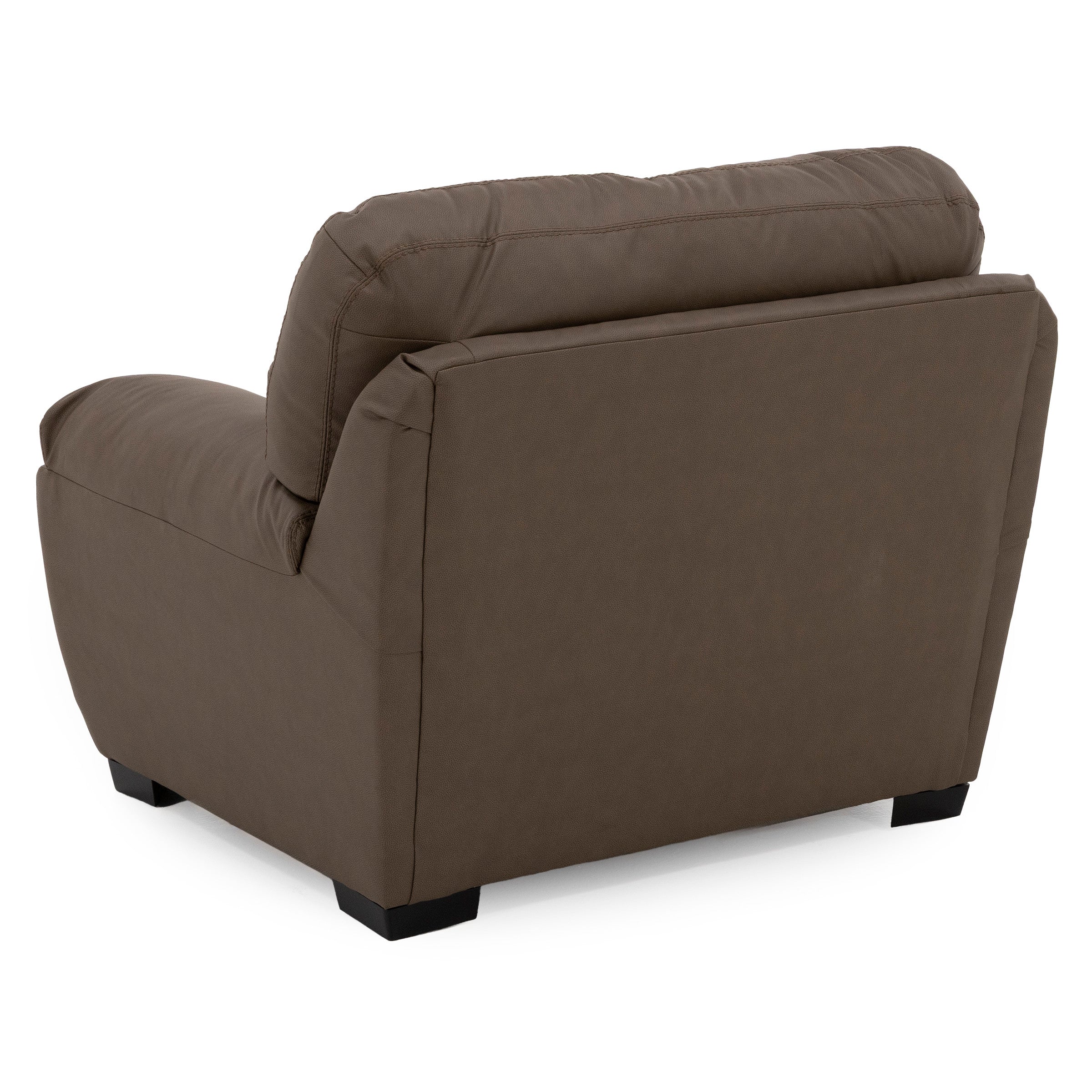 Back view of a brown upholstered armchair with padded cushions.
