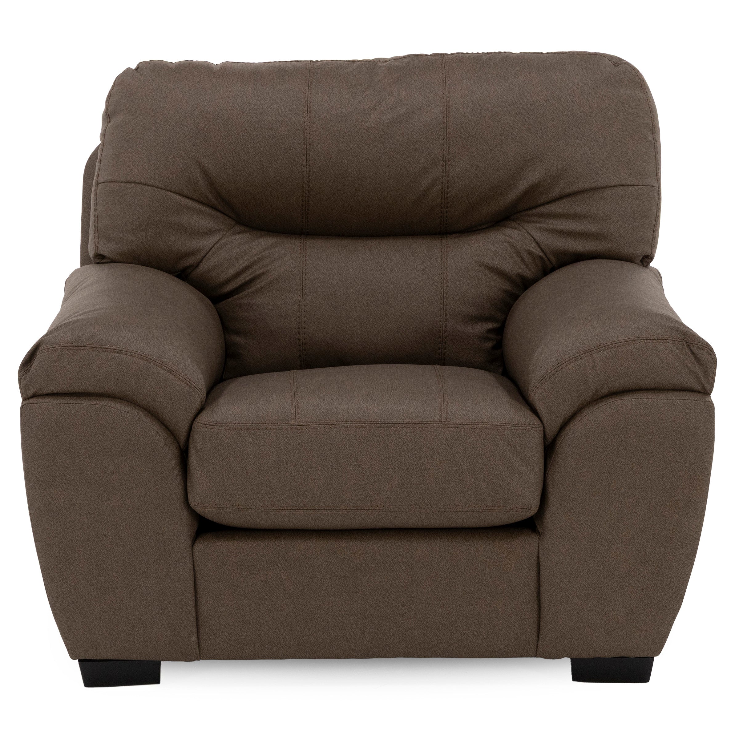 Brown upholstered armchair with plush cushions, shown from the front.