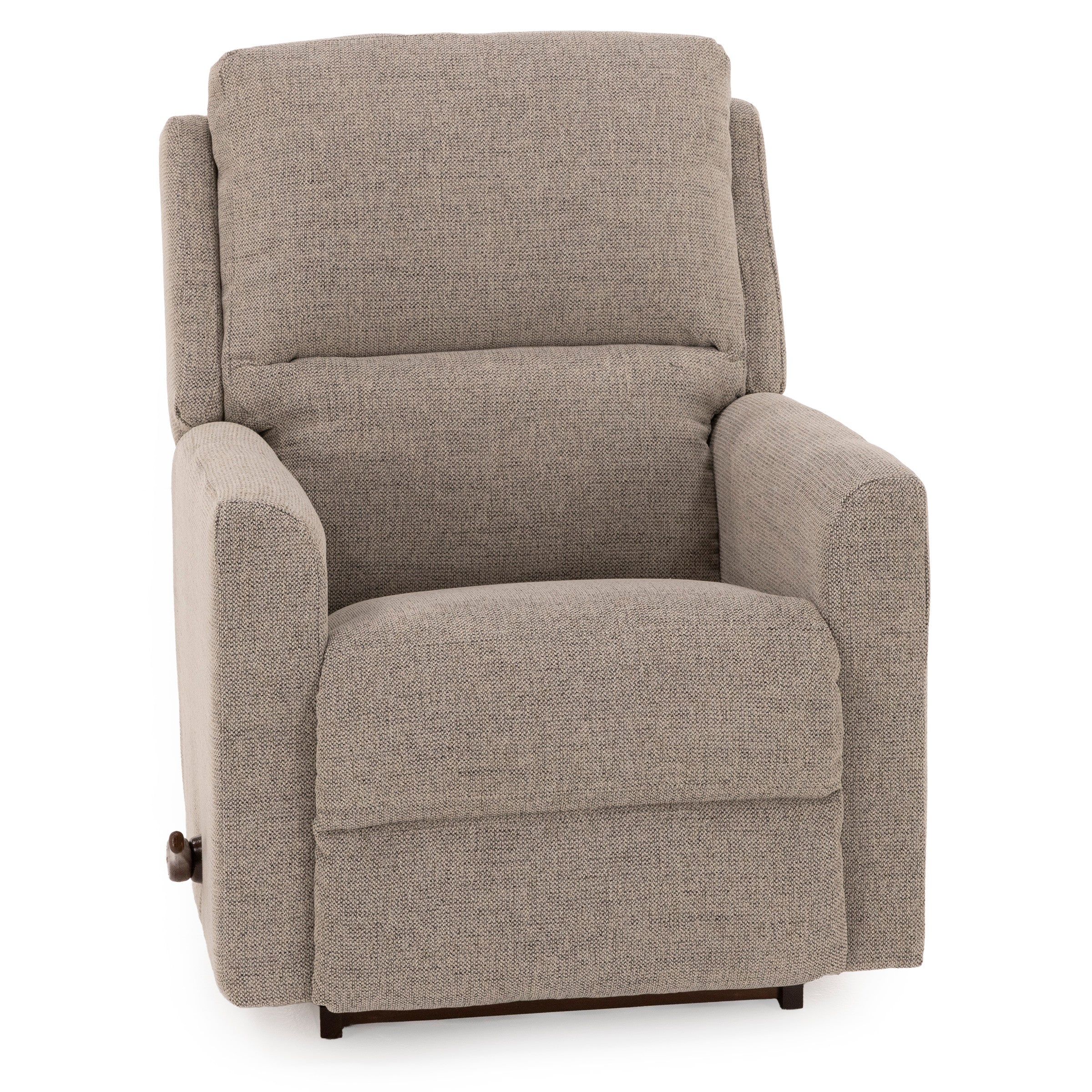 Light brown fabric recliner chair with padded arms and back.