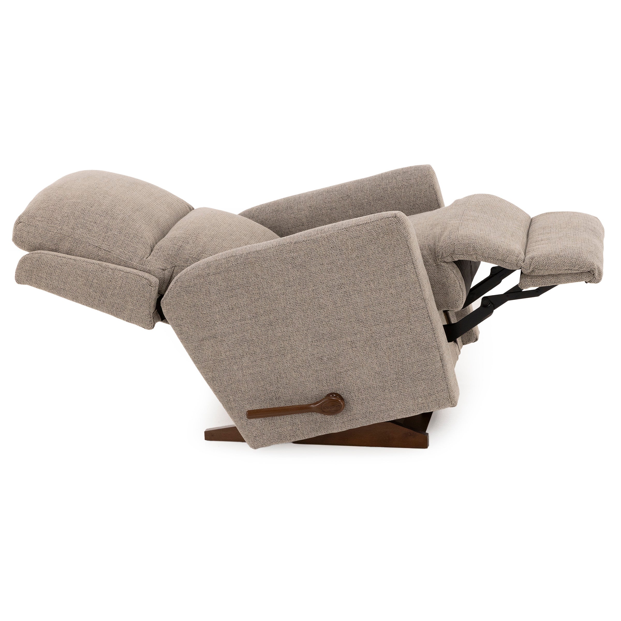 Side view of a beige fabric recliner chair fully extended.
