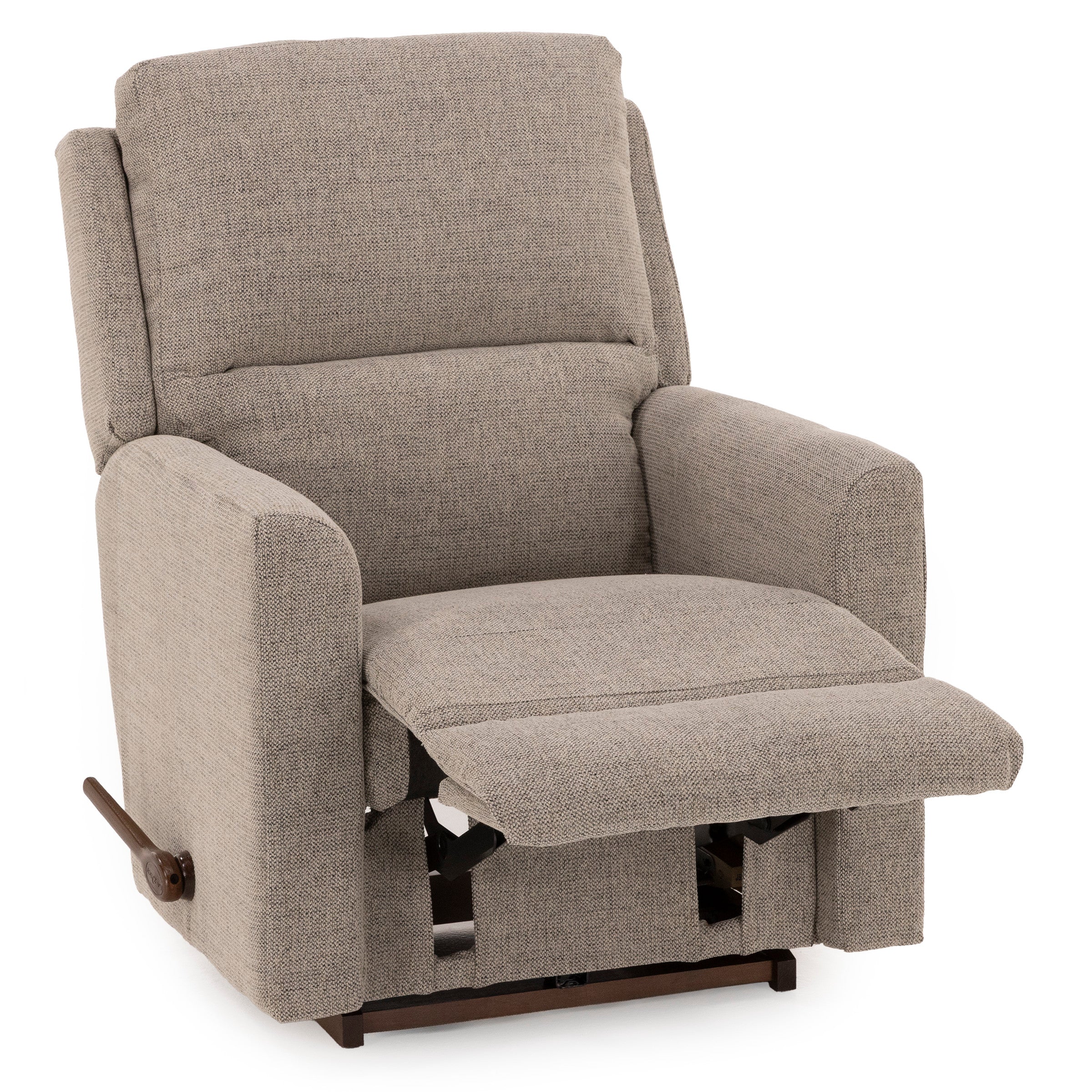 Beige fabric recliner chair with extended footrest.