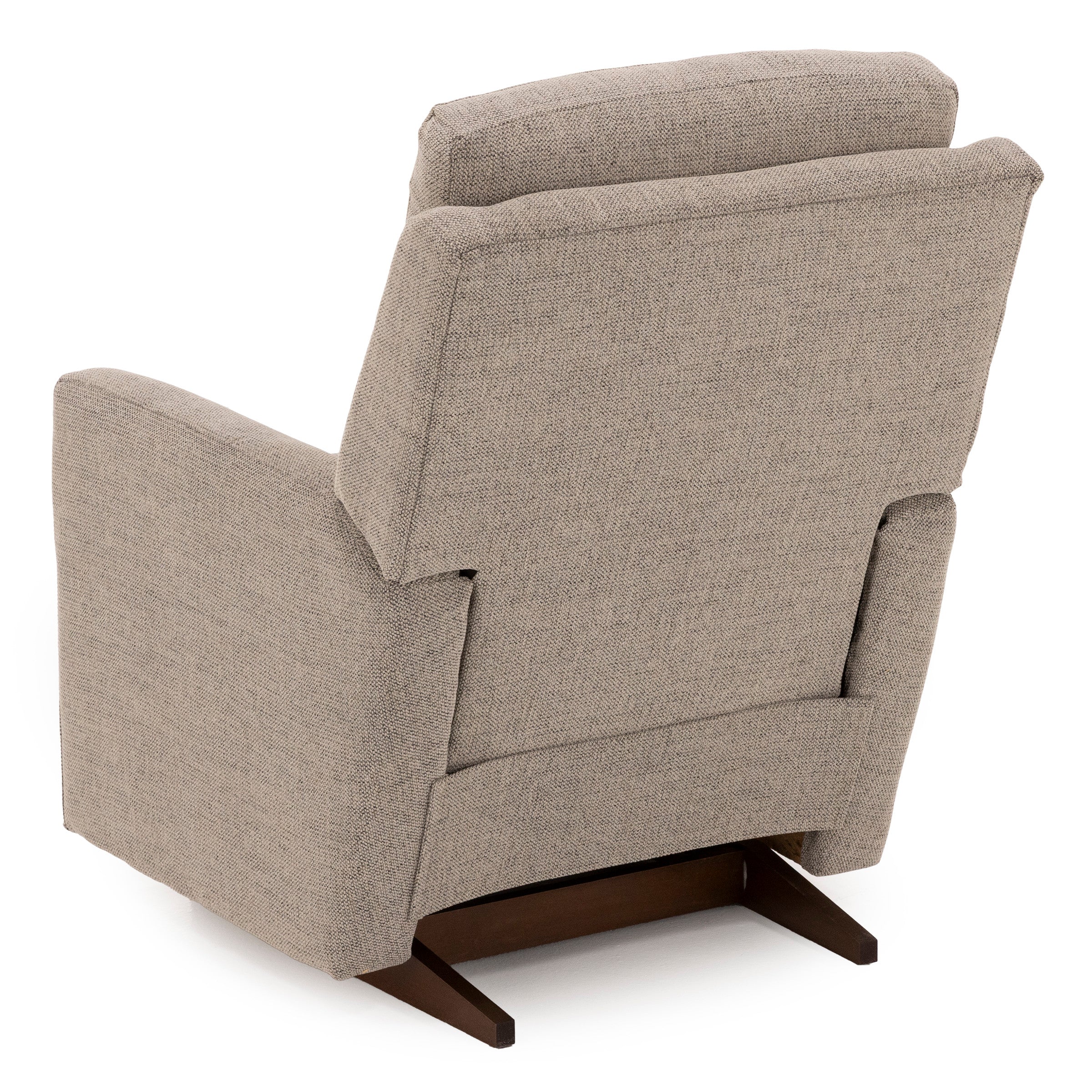 Back view of a beige recliner chair with wooden base.