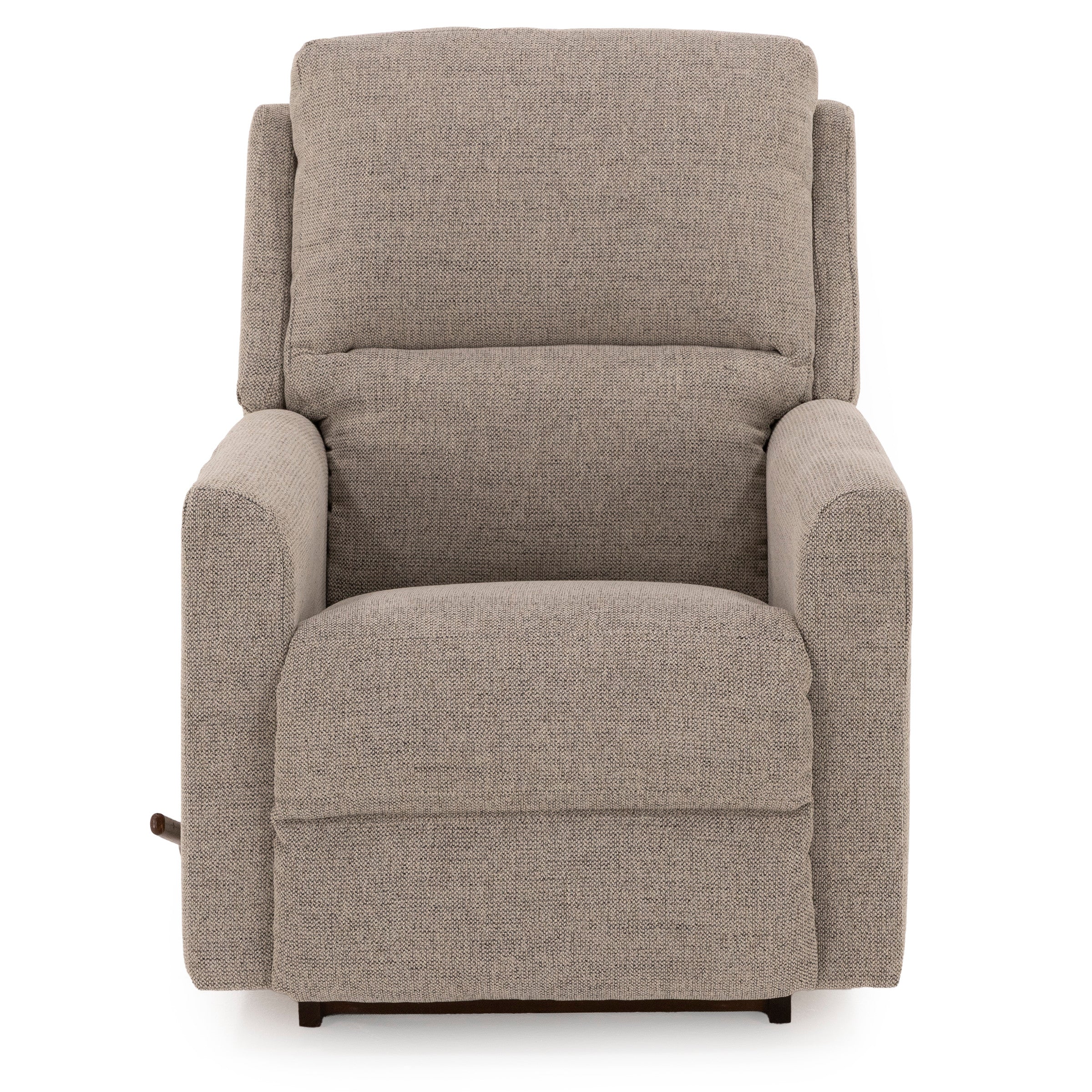 Front view of a beige upholstered recliner chair.