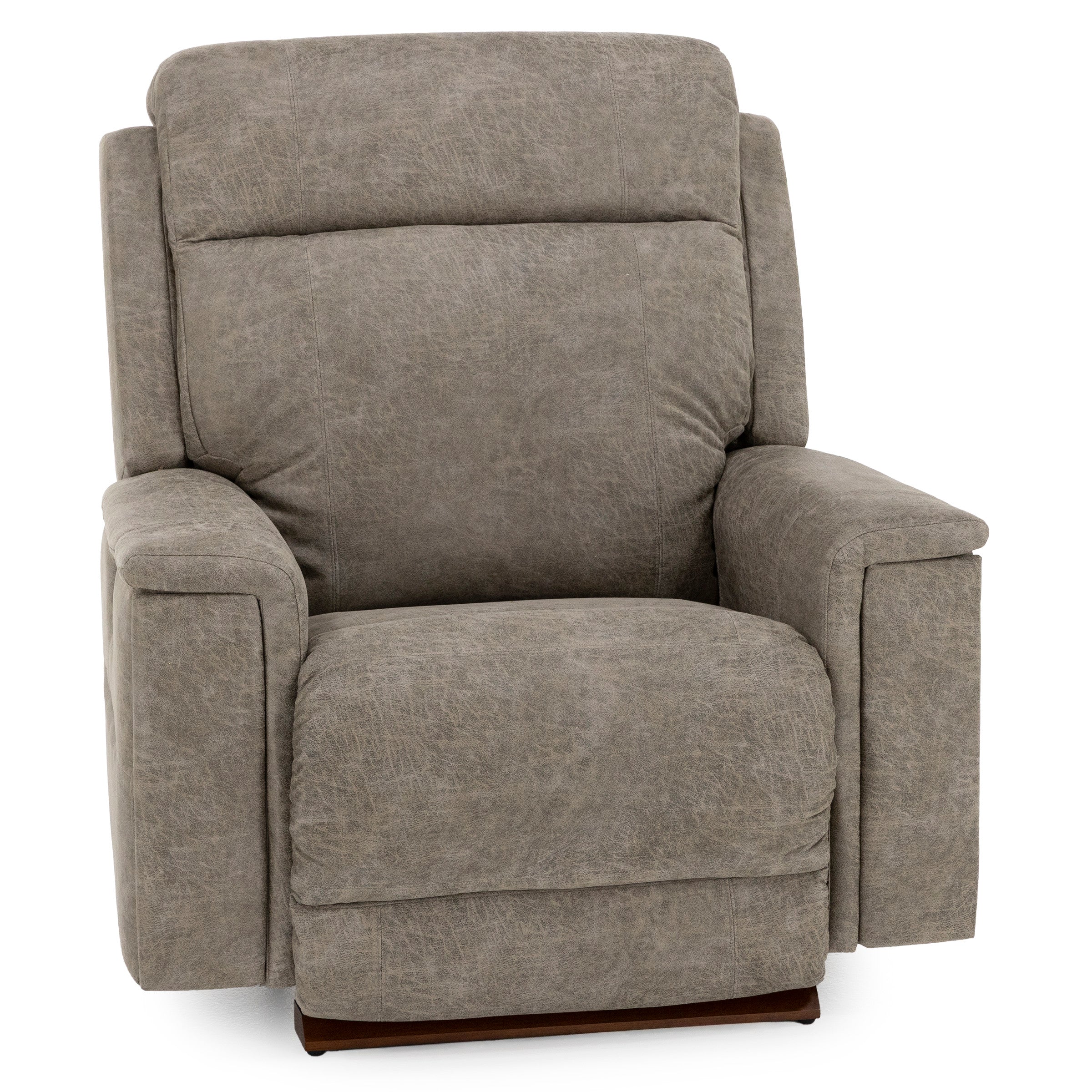 Gray upholstered recliner chair with plush cushioning and wide armrests.