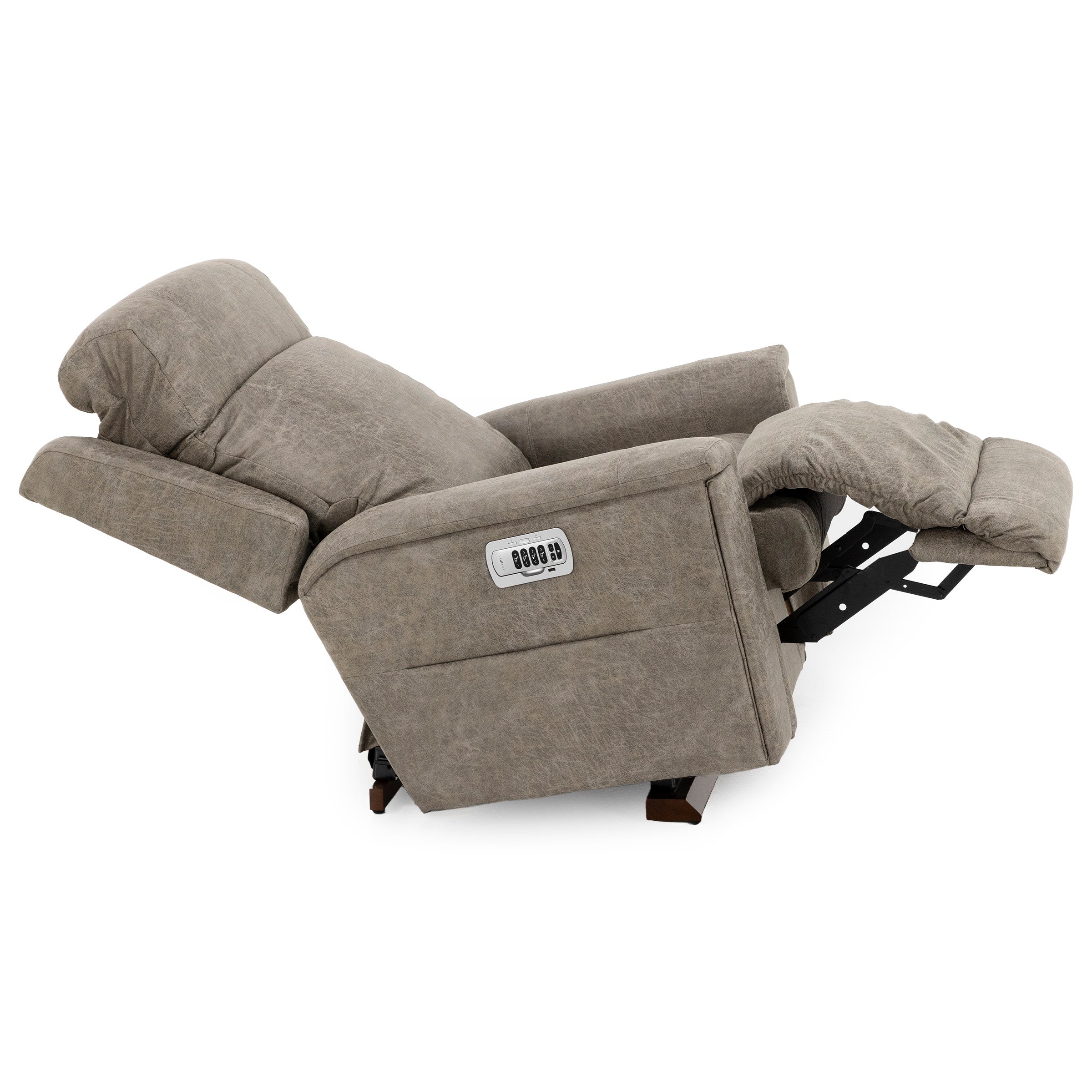 Light brown recliner chair in a fully reclined position with visible control panel on the side.