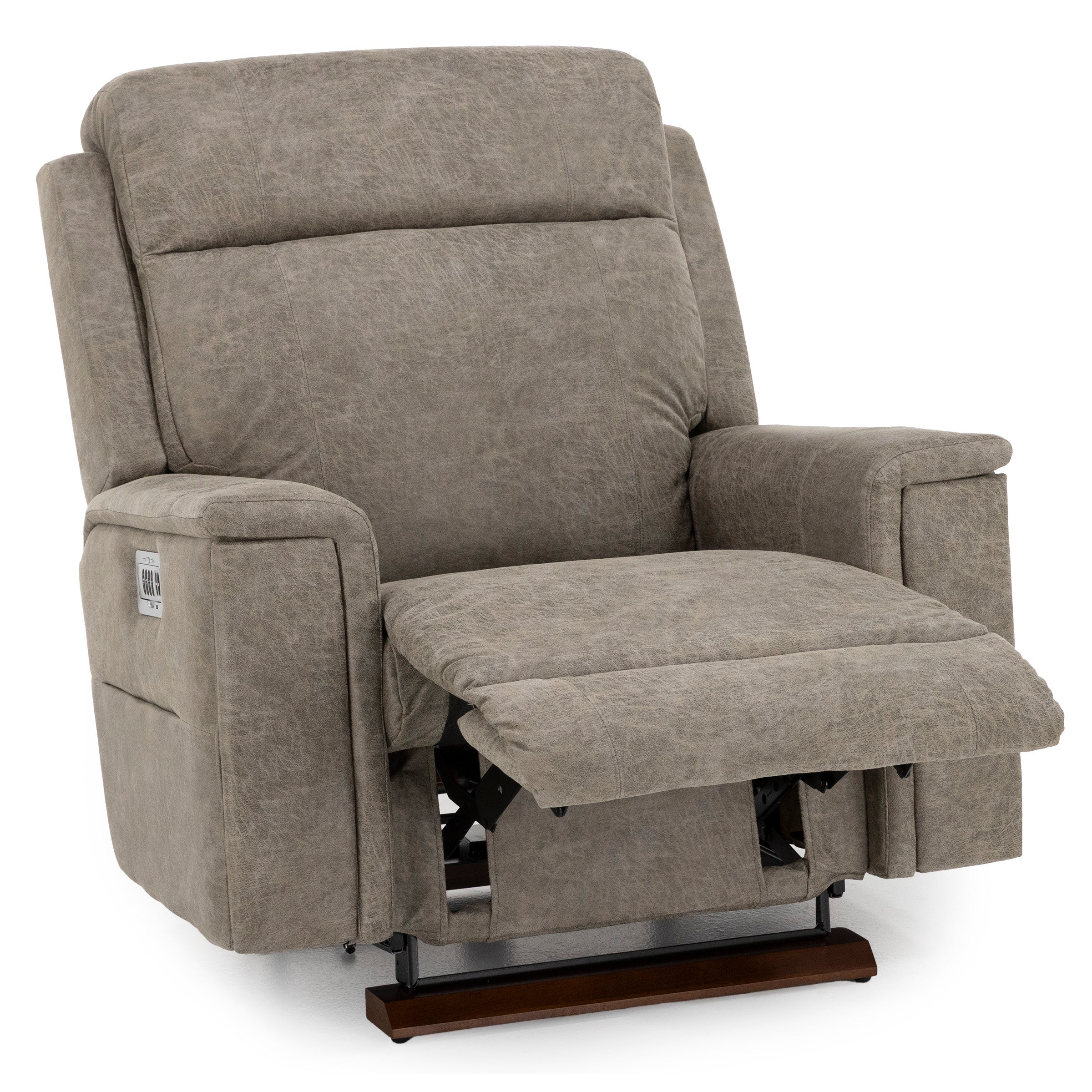 Taupe fabric power recliner chair with extended footrest, pictured in open position.