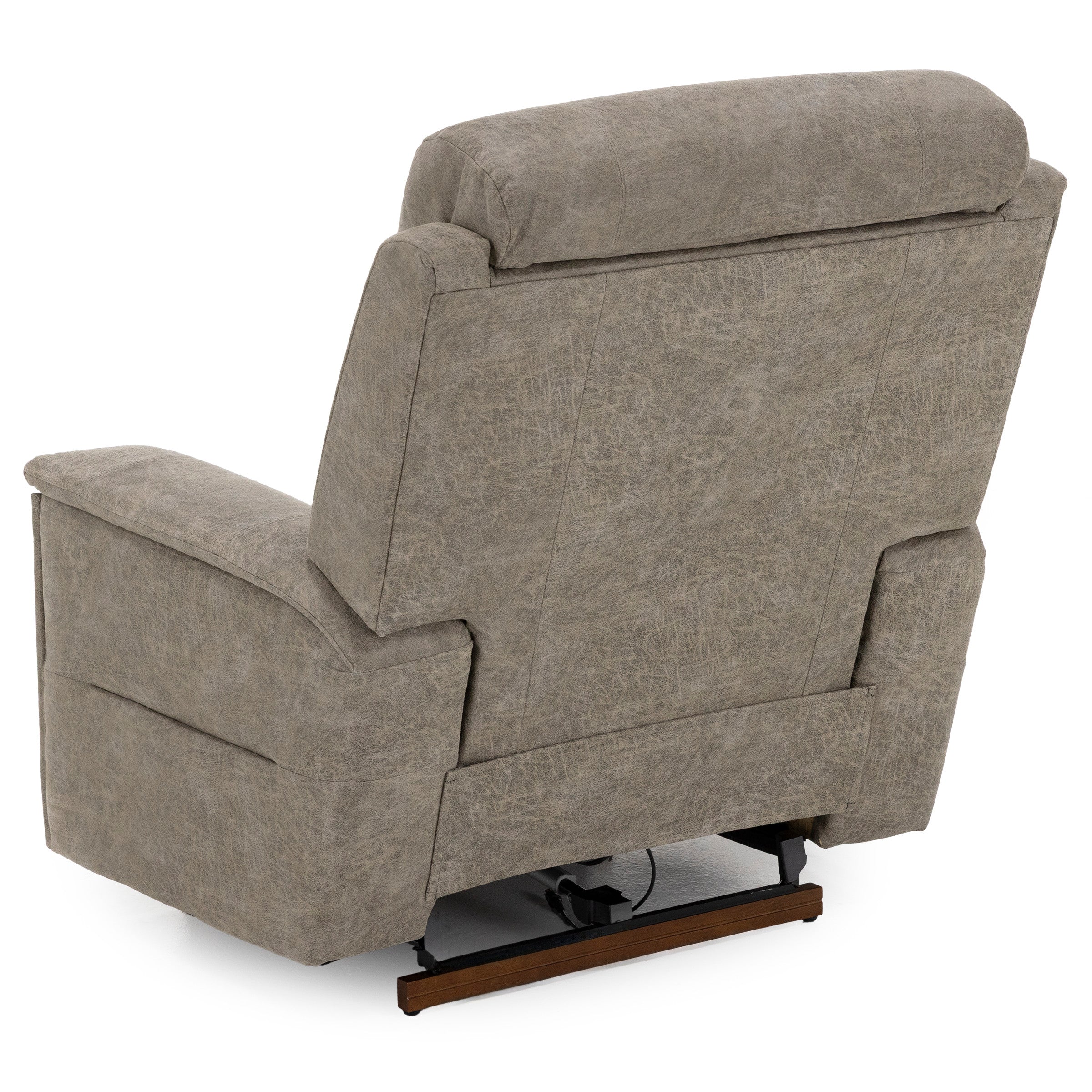 Back view of a gray upholstered recliner chair with wood base.
