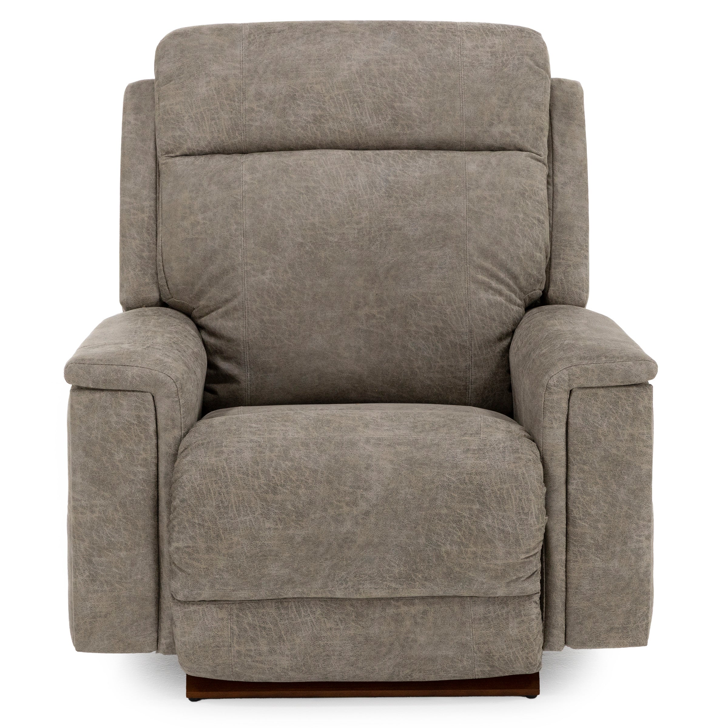 Gray upholstered recliner chair, front view.