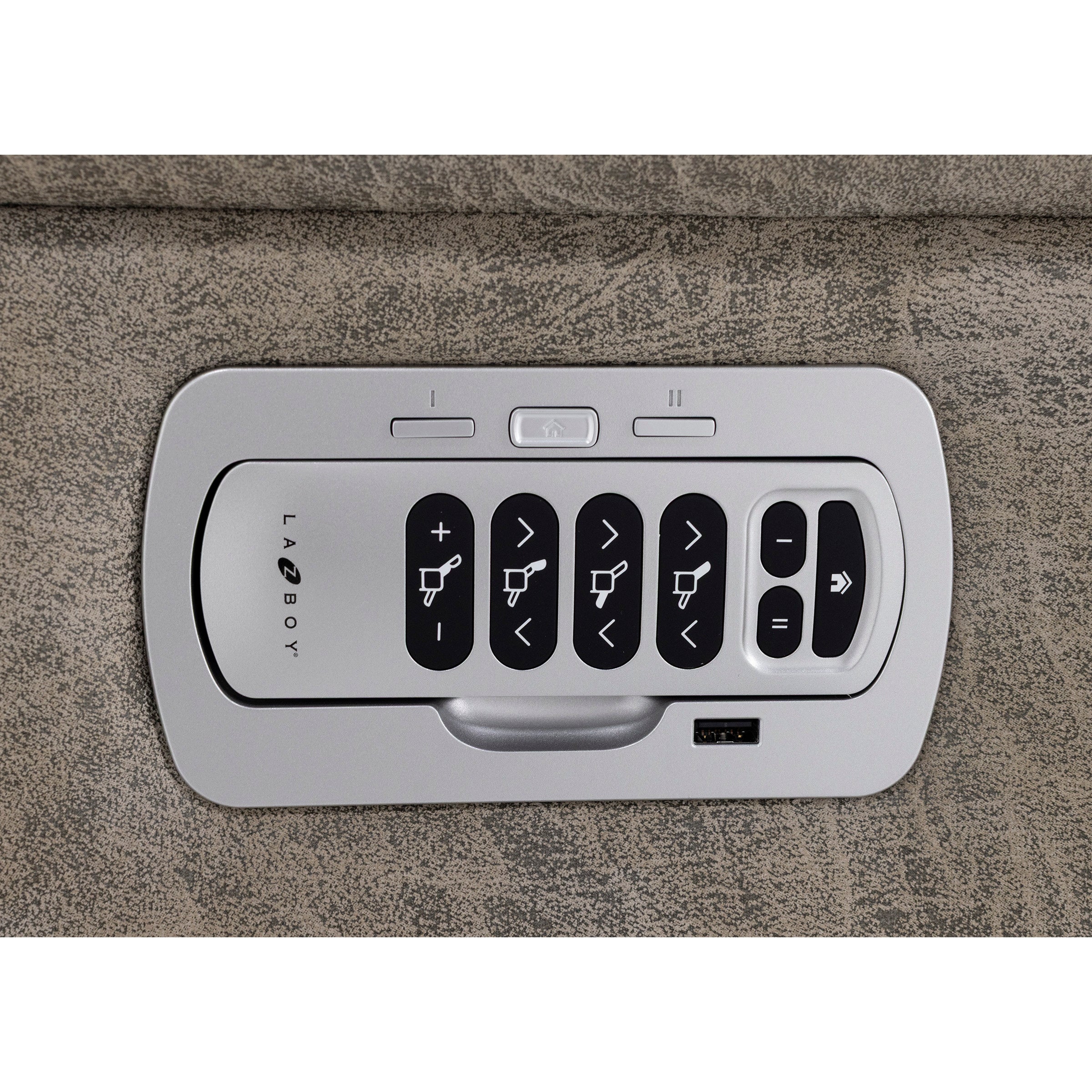 La-Z-Boy sectional control panel with multiple adjustment buttons and a USB port.