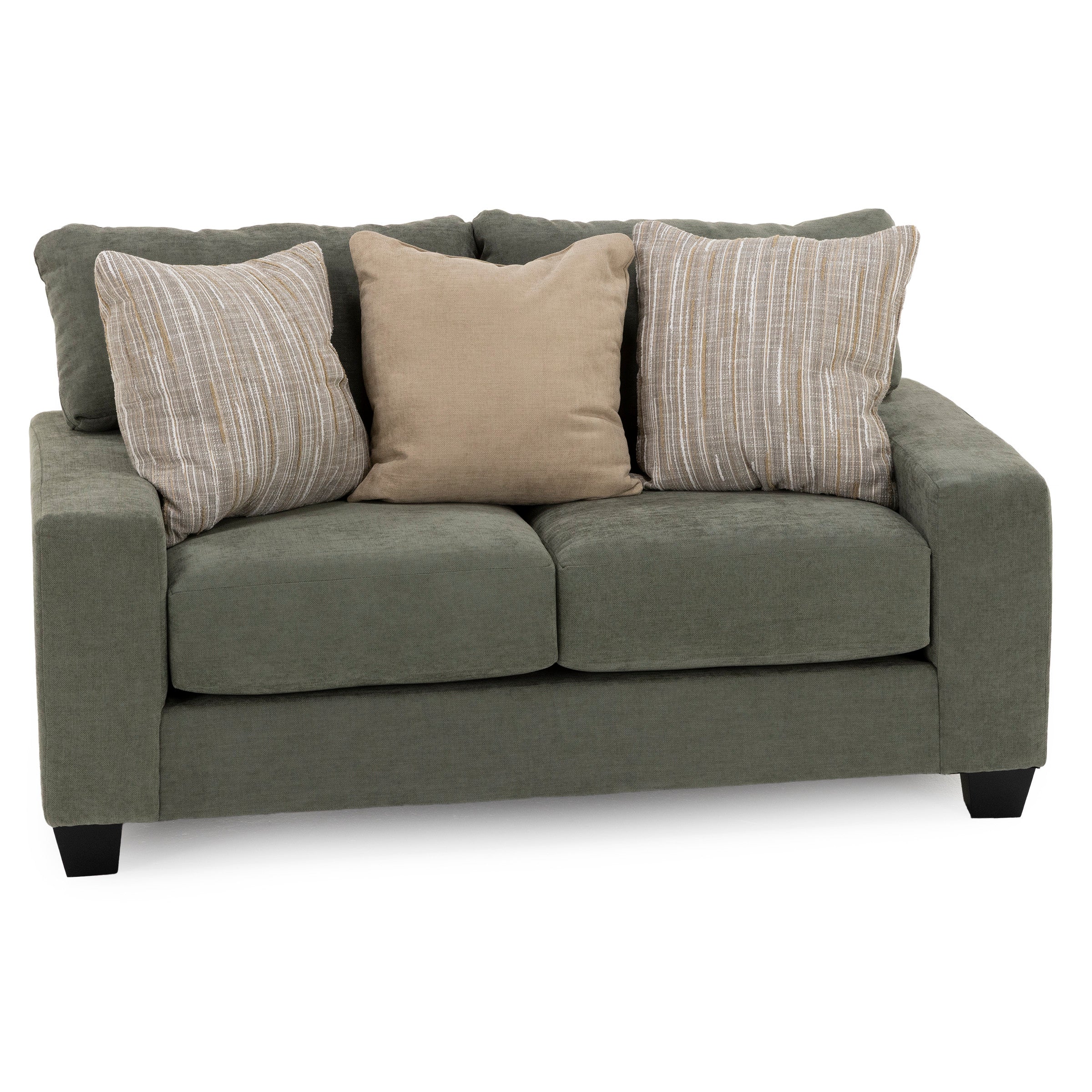 Olive green loveseat sofa with three beige and brown accent pillows.