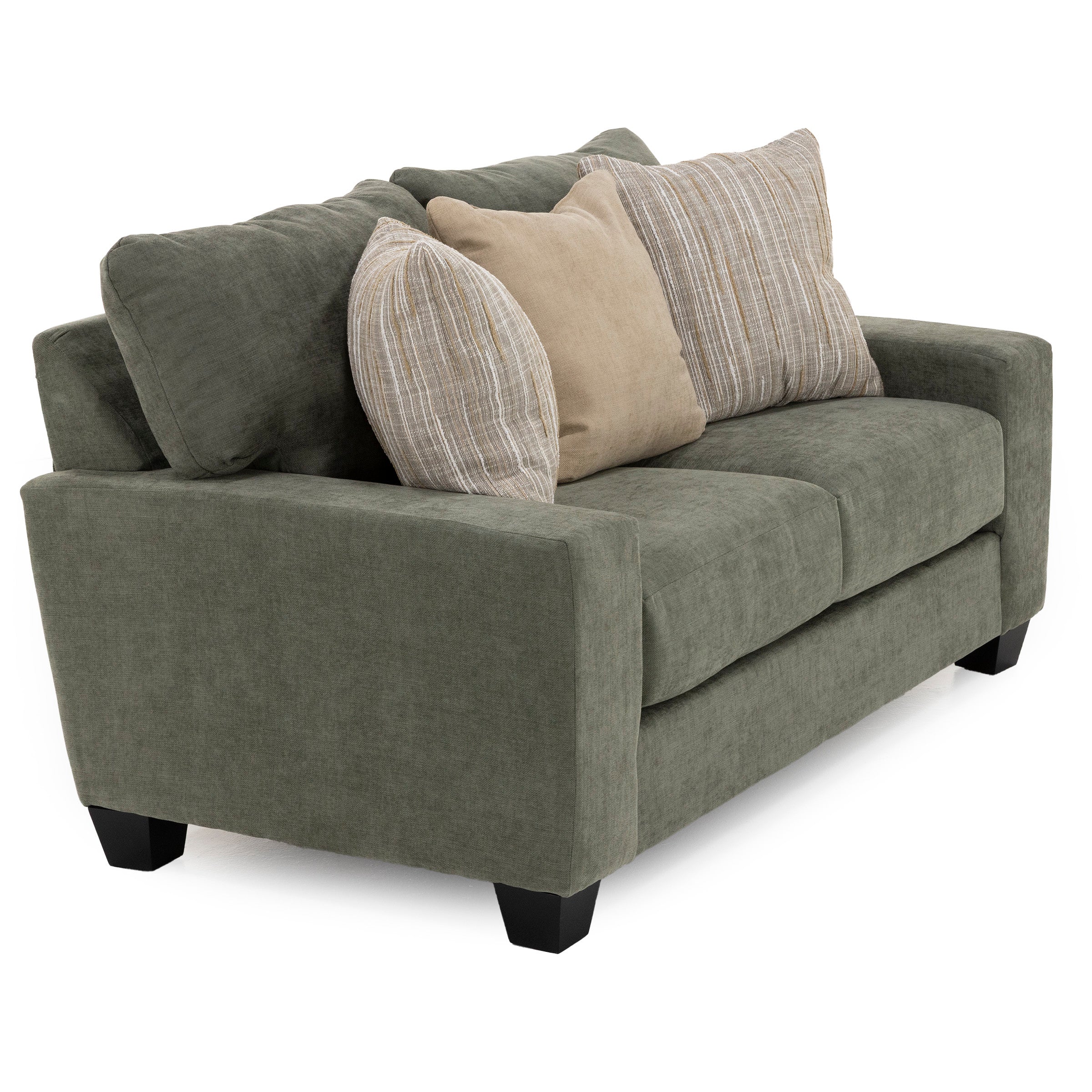 Green upholstered sofa with three cushions, two striped pillows, and one solid pillow.