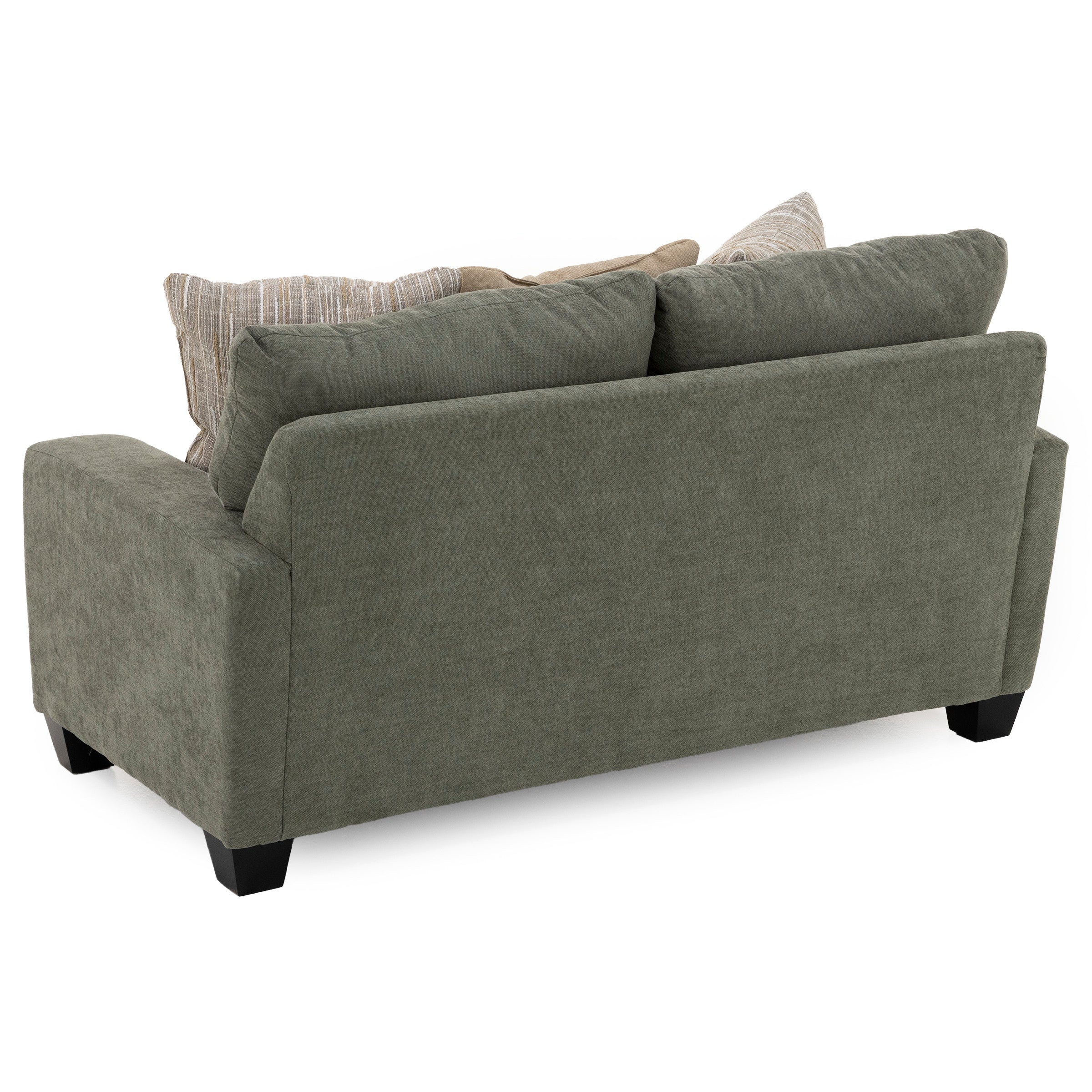 Back view of a green upholstered loveseat with patterned cushions.