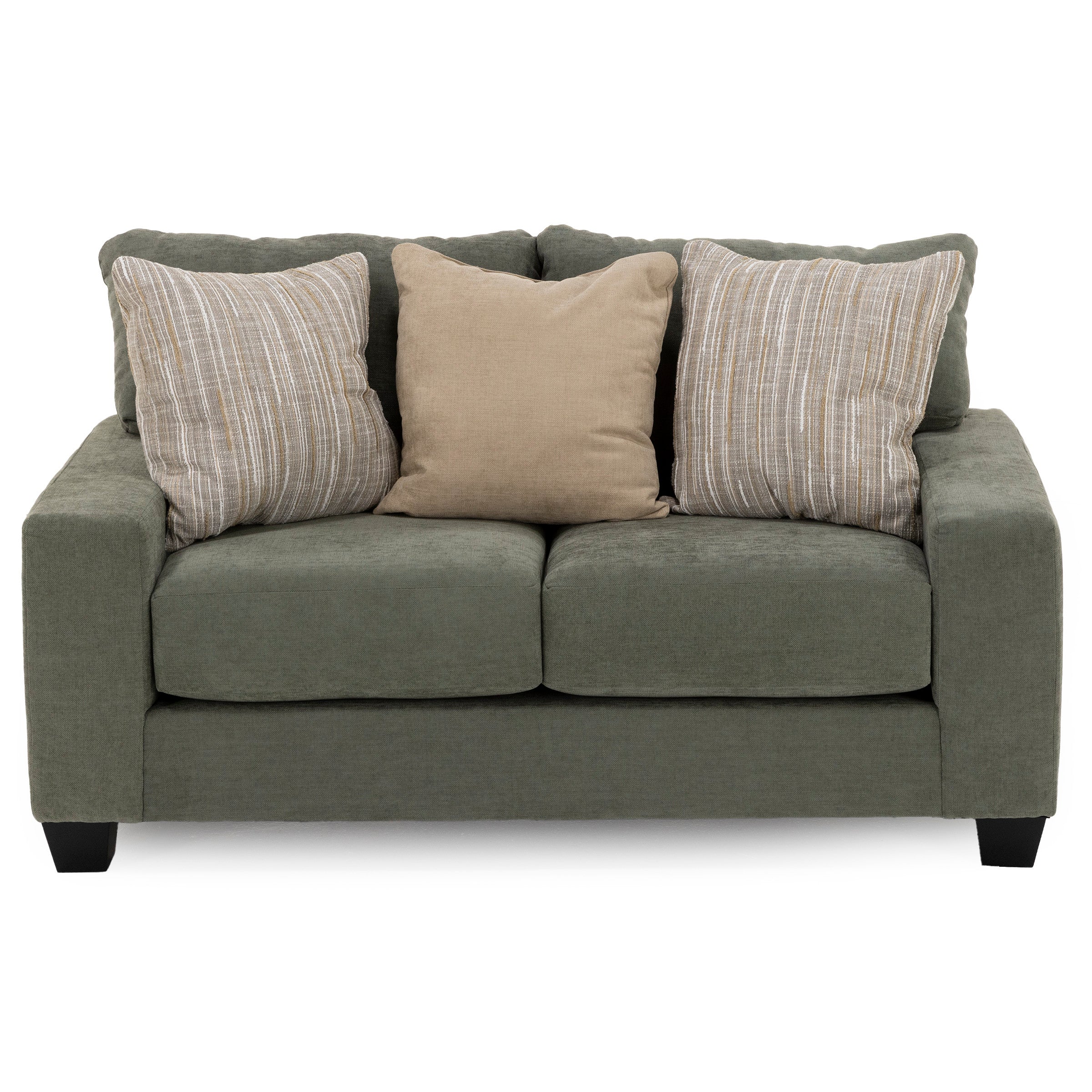 Green loveseat with three beige and tan accent pillows