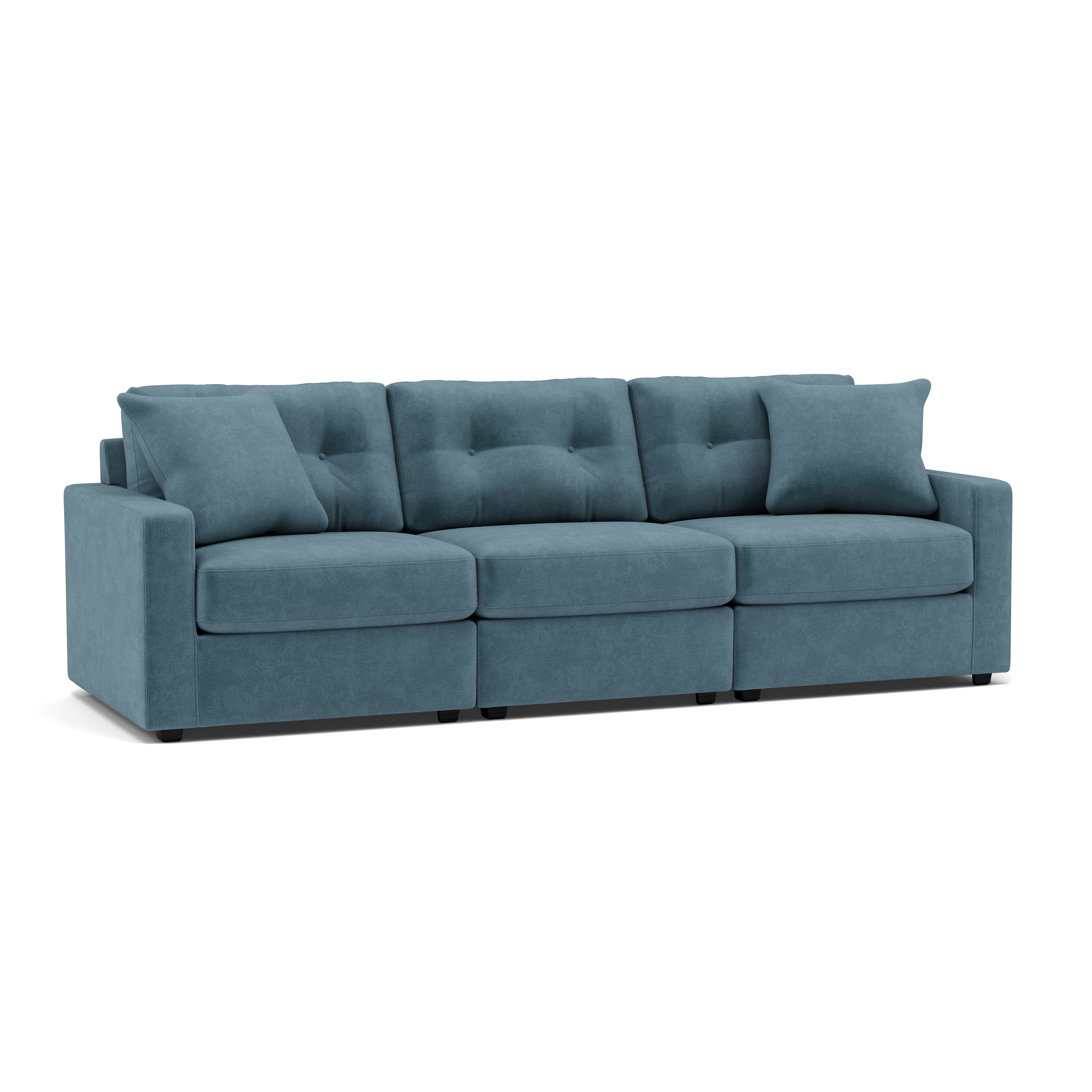 Blue upholstered three-seat sofa with square arms and three back cushions.