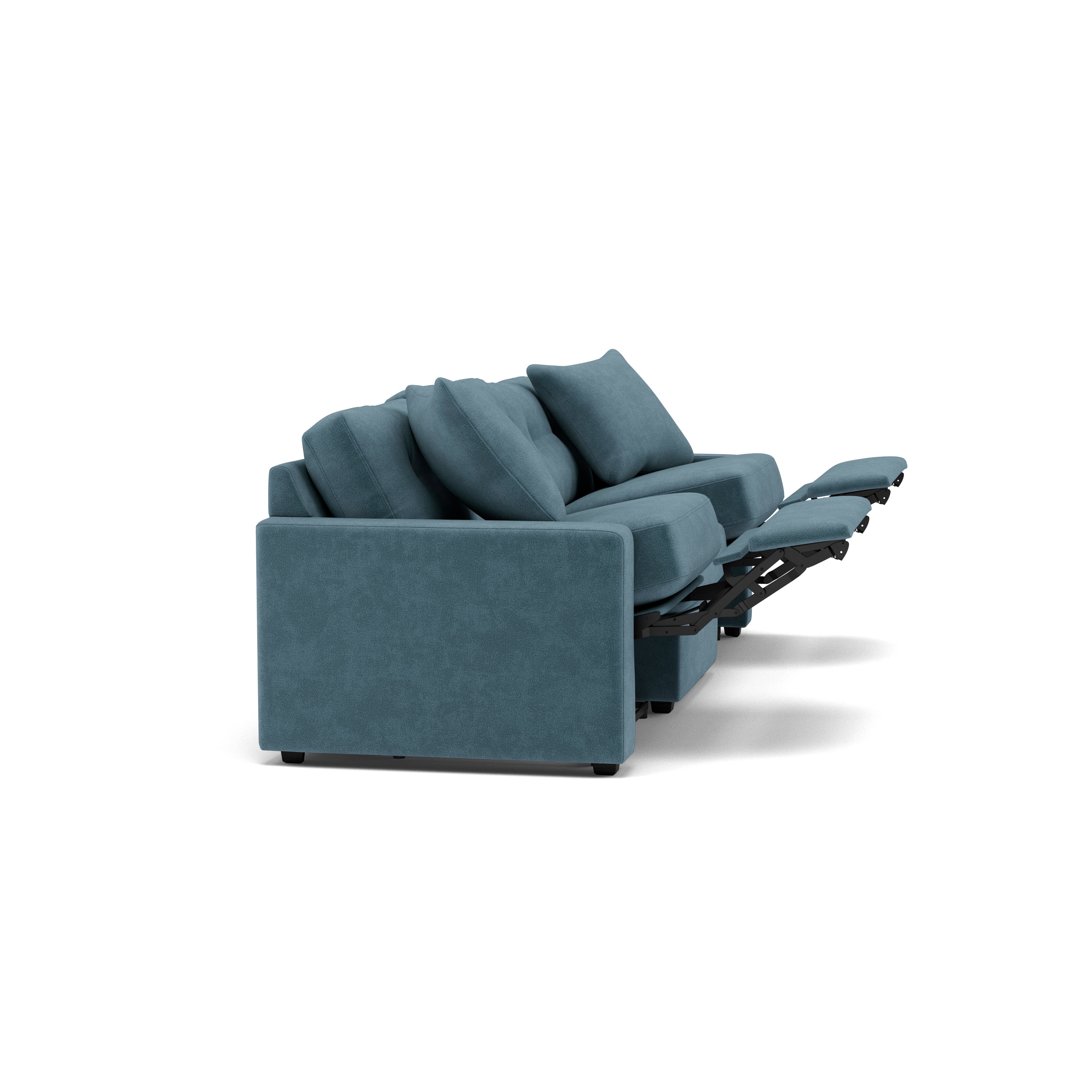 Side view of a blue reclining sofa with extended footrests on white background.
