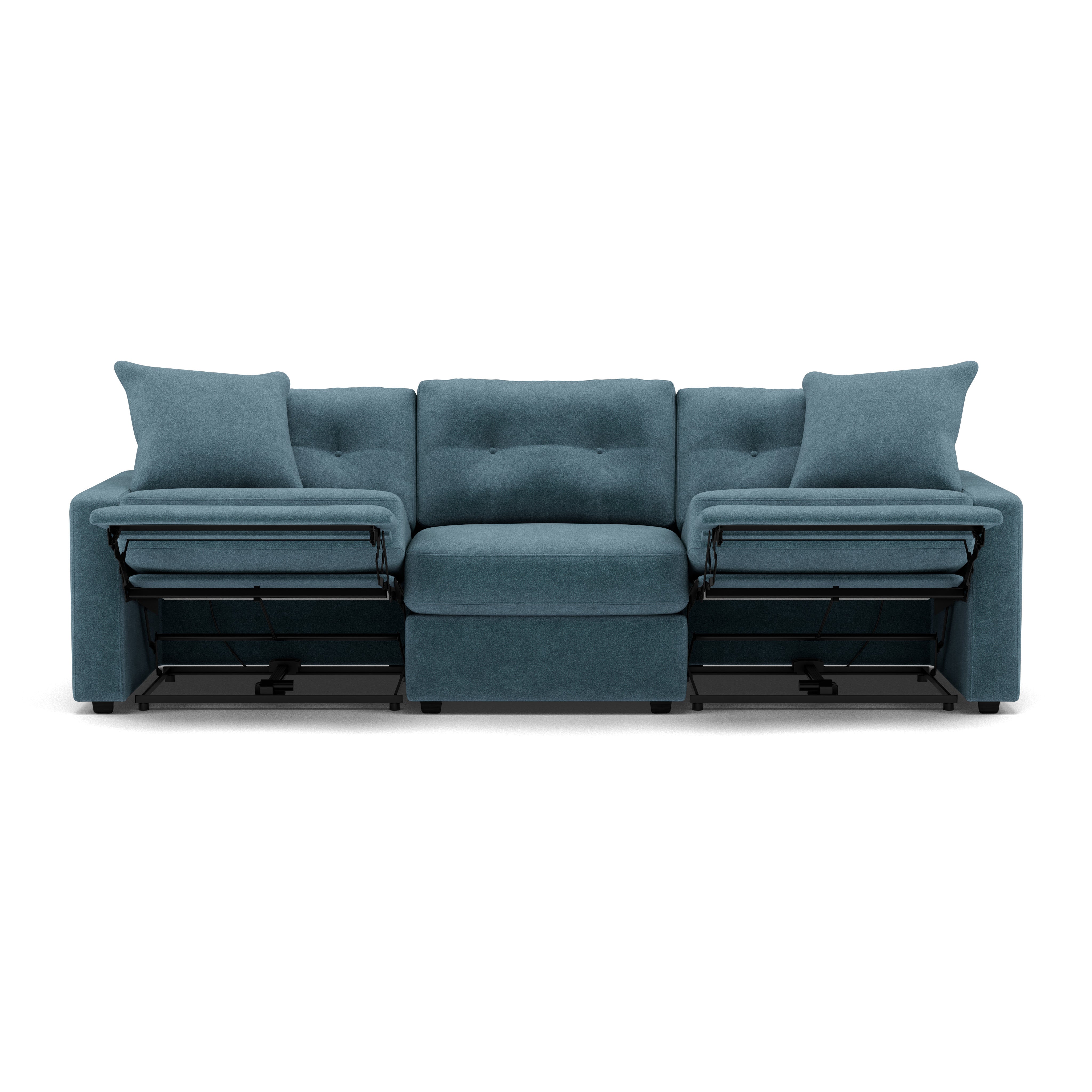 Blue fabric sofa with two open recliners and two pillows, shown from the front.