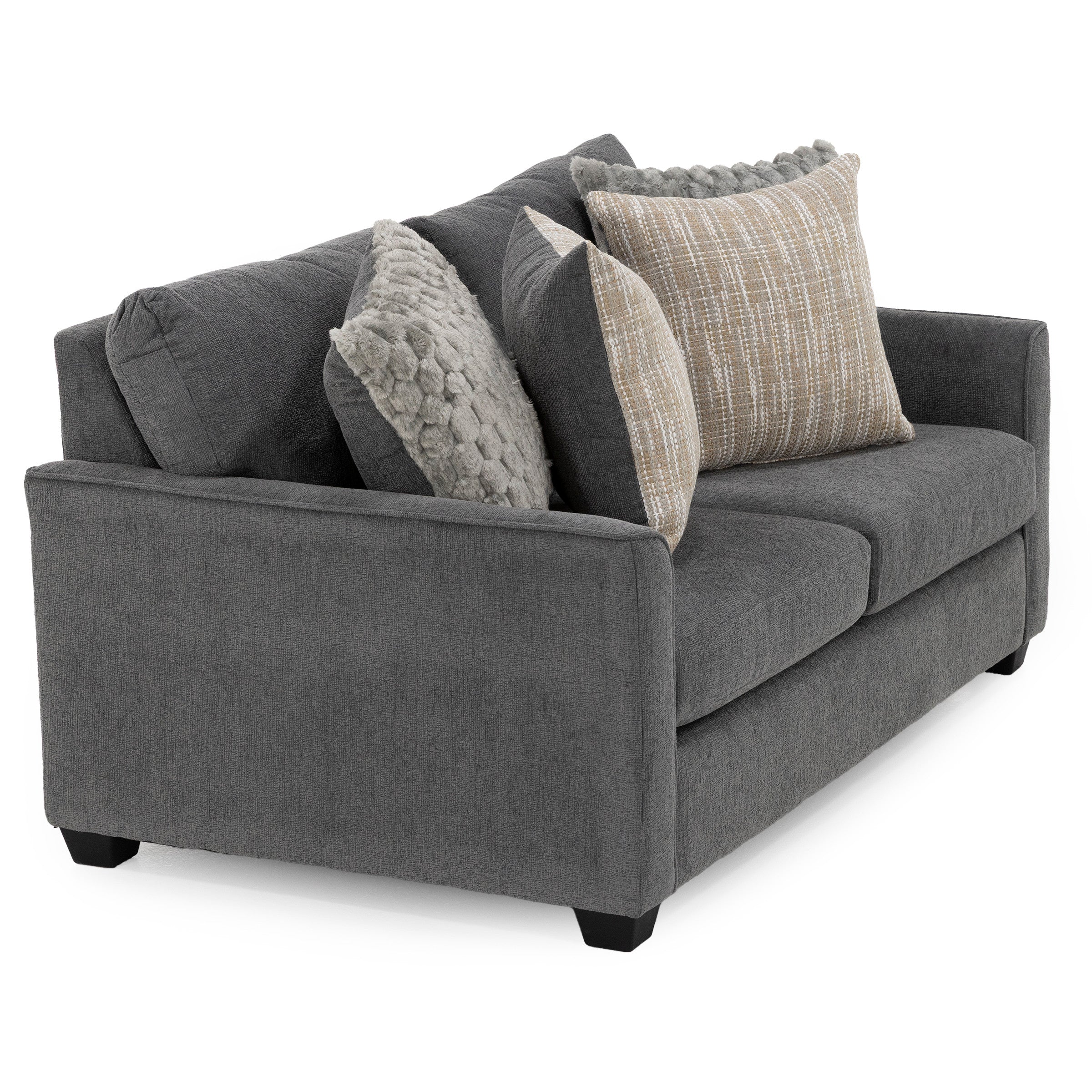 Dark gray upholstered loveseat with four decorative throw pillows.