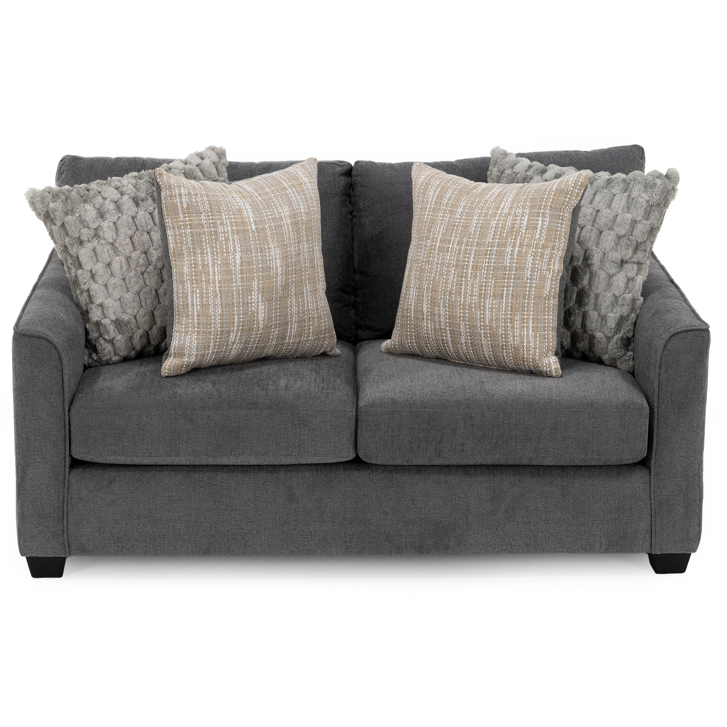 Dark gray sofa with four accent pillows, two textured gray and two beige patterned.