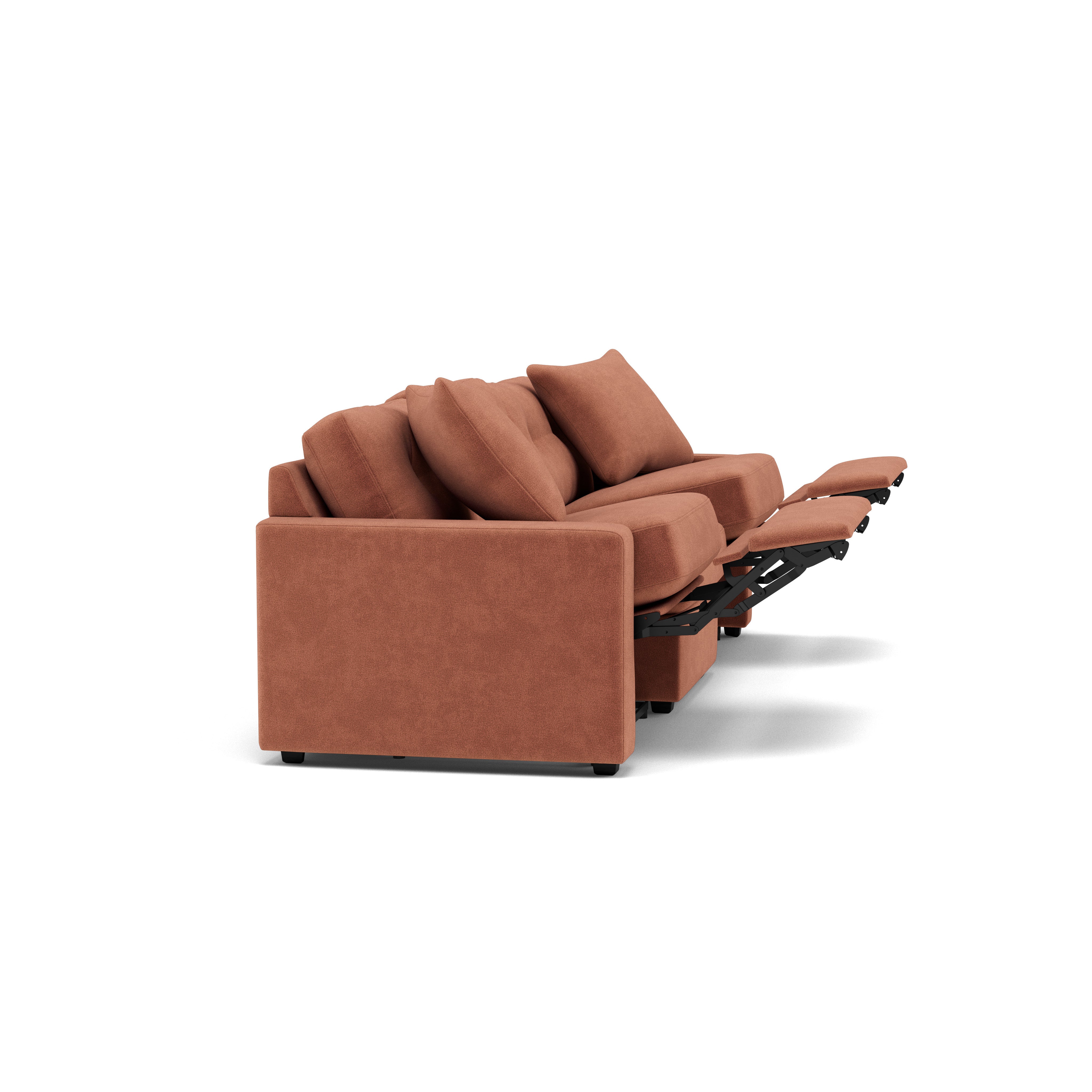 Side view of a brown reclining sofa with extended footrests.