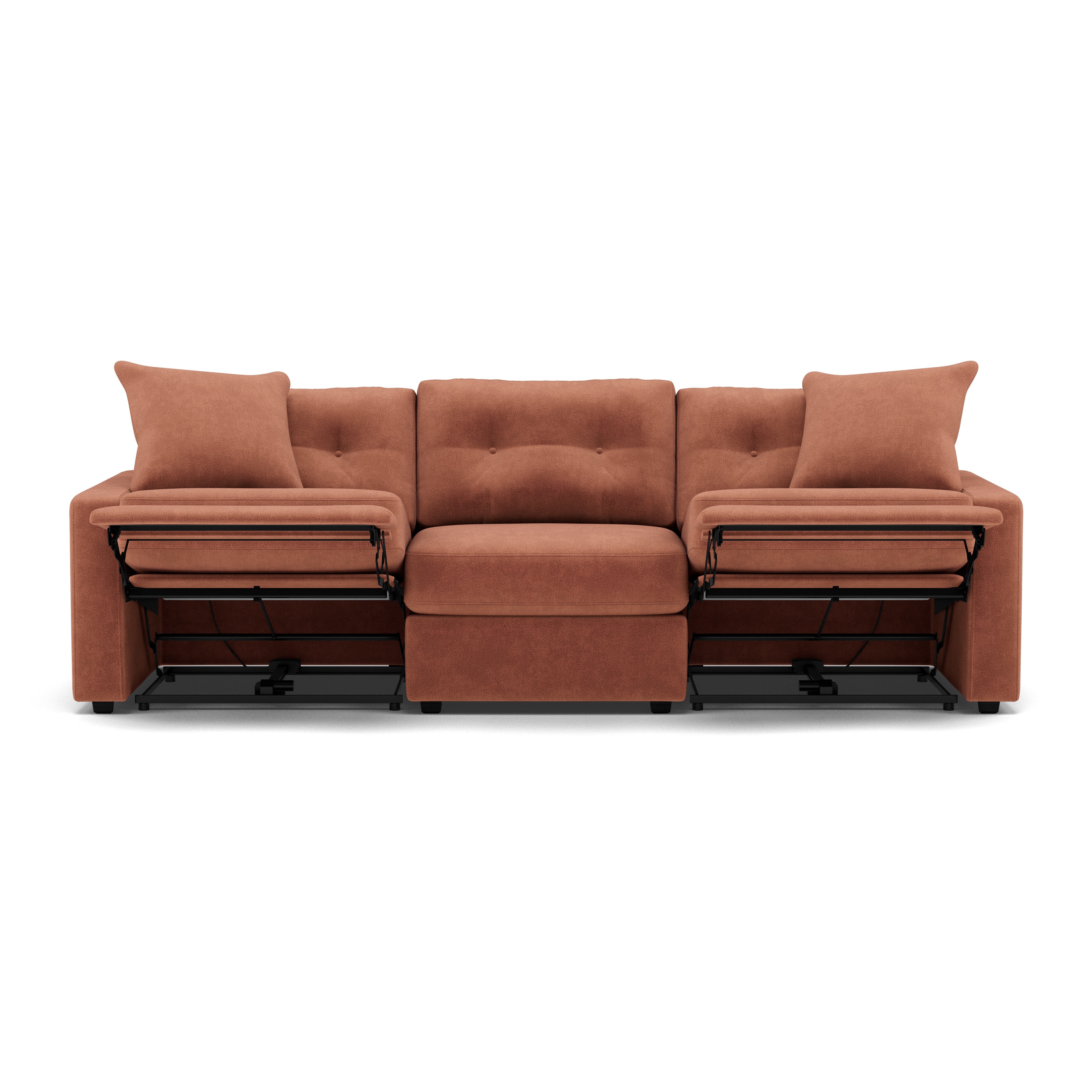Brown fabric sofa with two extended recliners and two matching cushions.