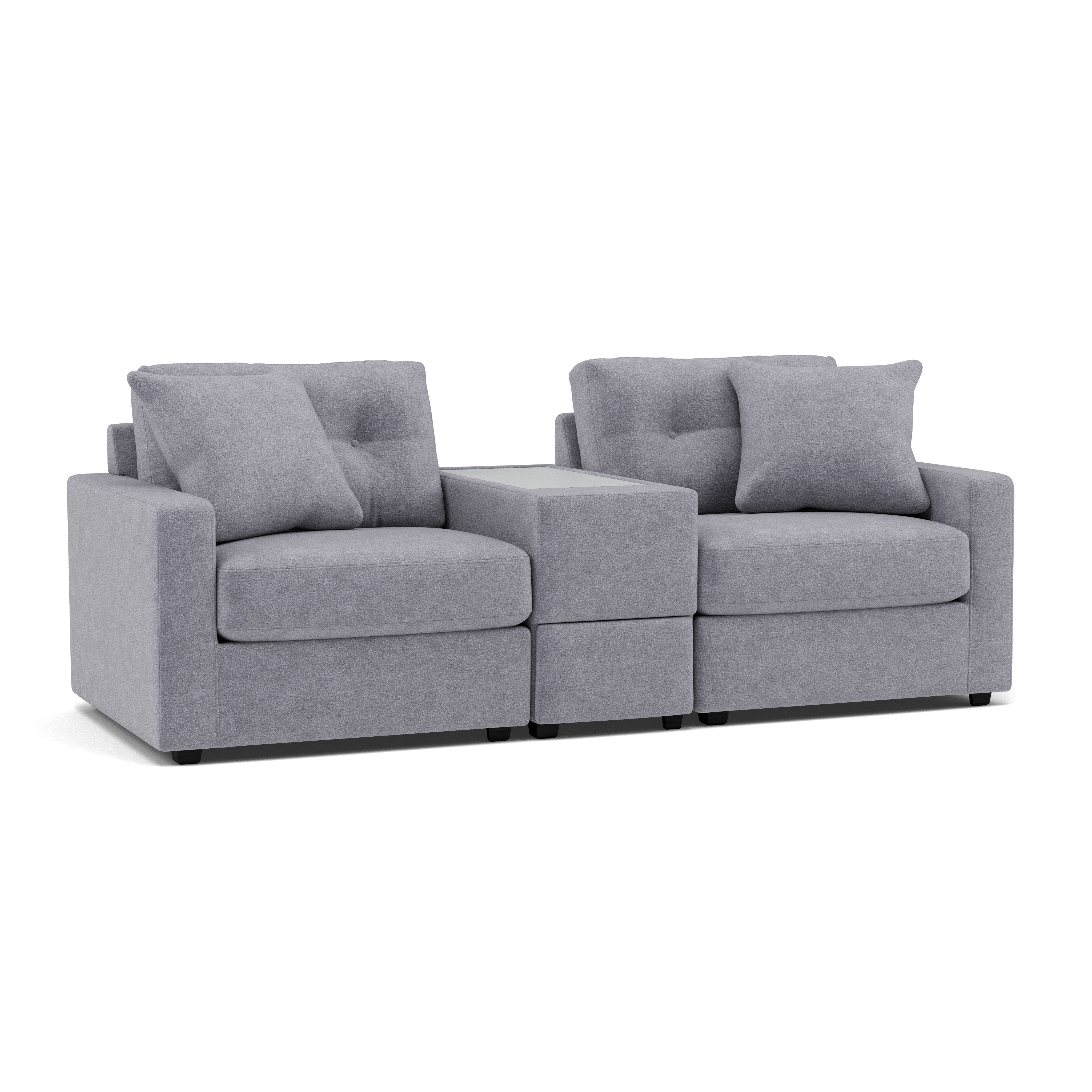 Modern gray two-seat sofa with central console and four cushions.