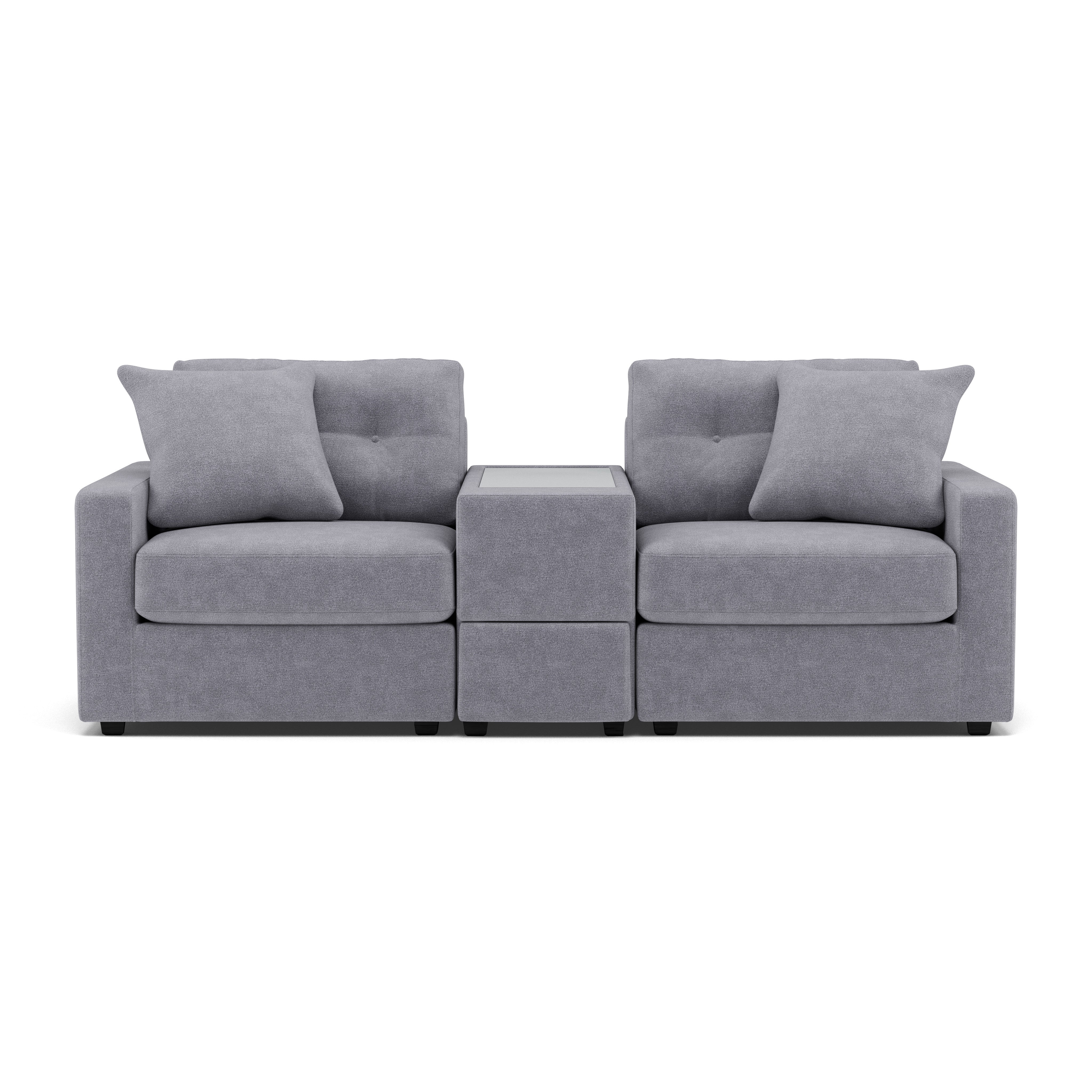 Gray two-seat modular sofa with a central console and four cushions.