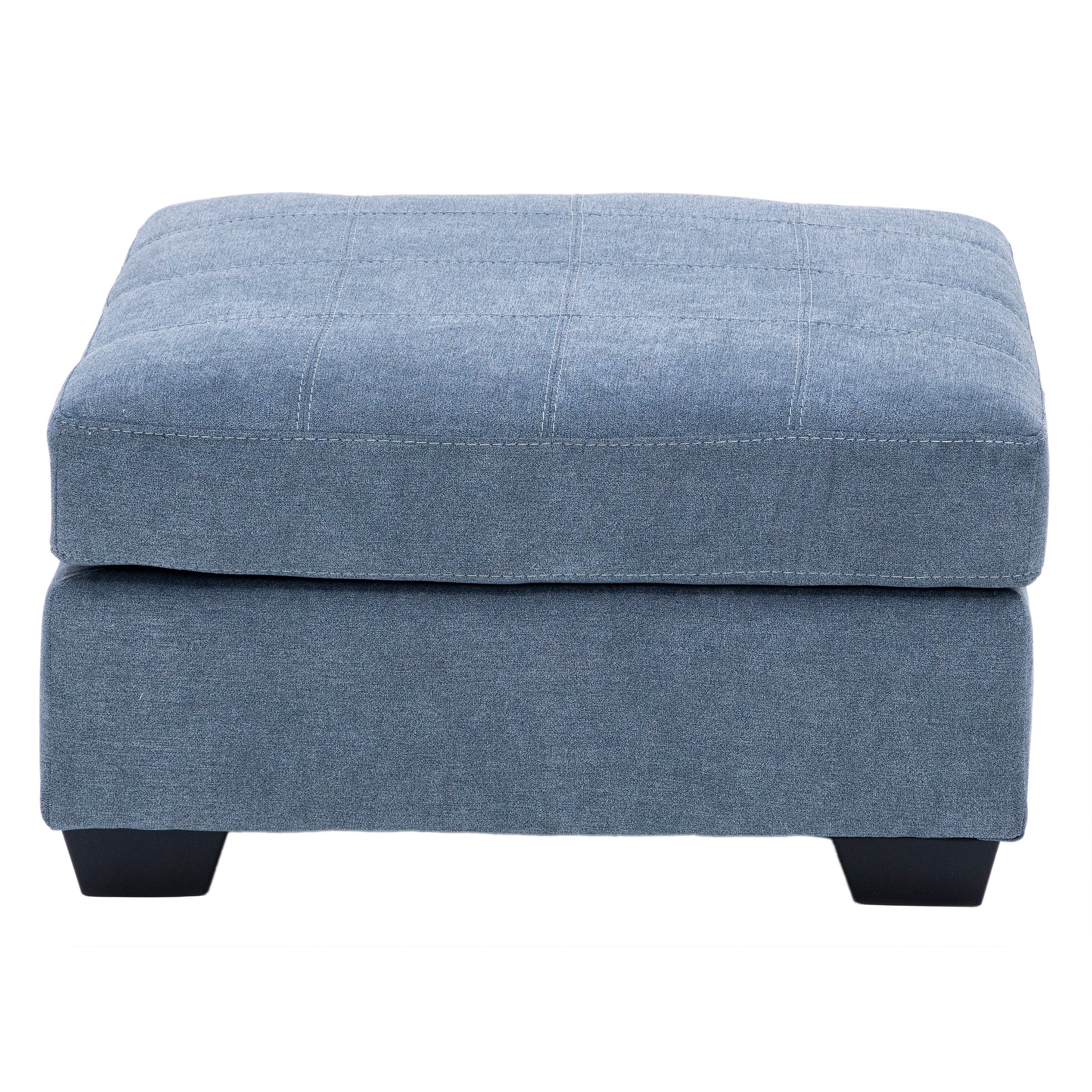 Blue fabric ottoman with square top and short black legs.