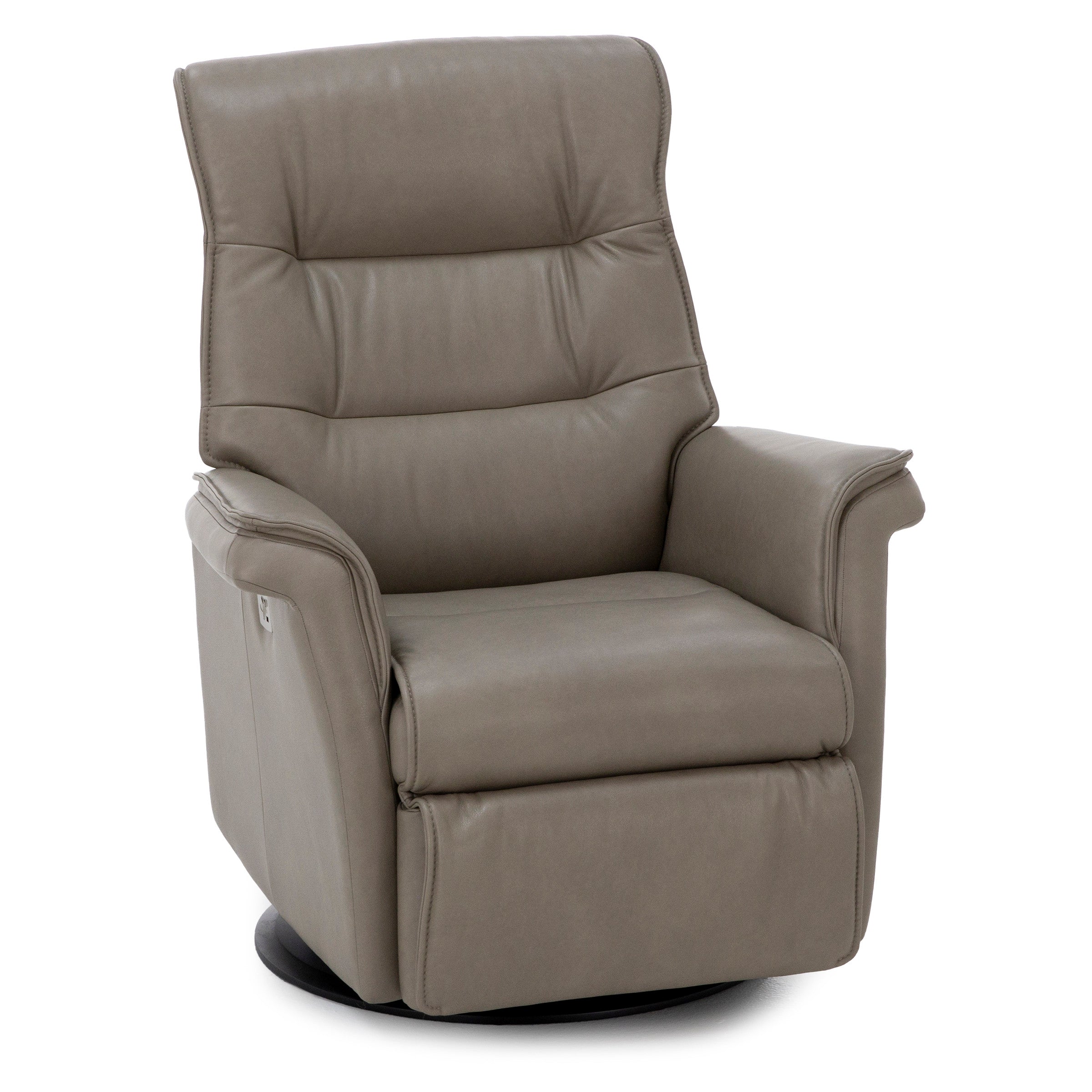 Modern gray leather recliner chair with padded armrests and high backrest.